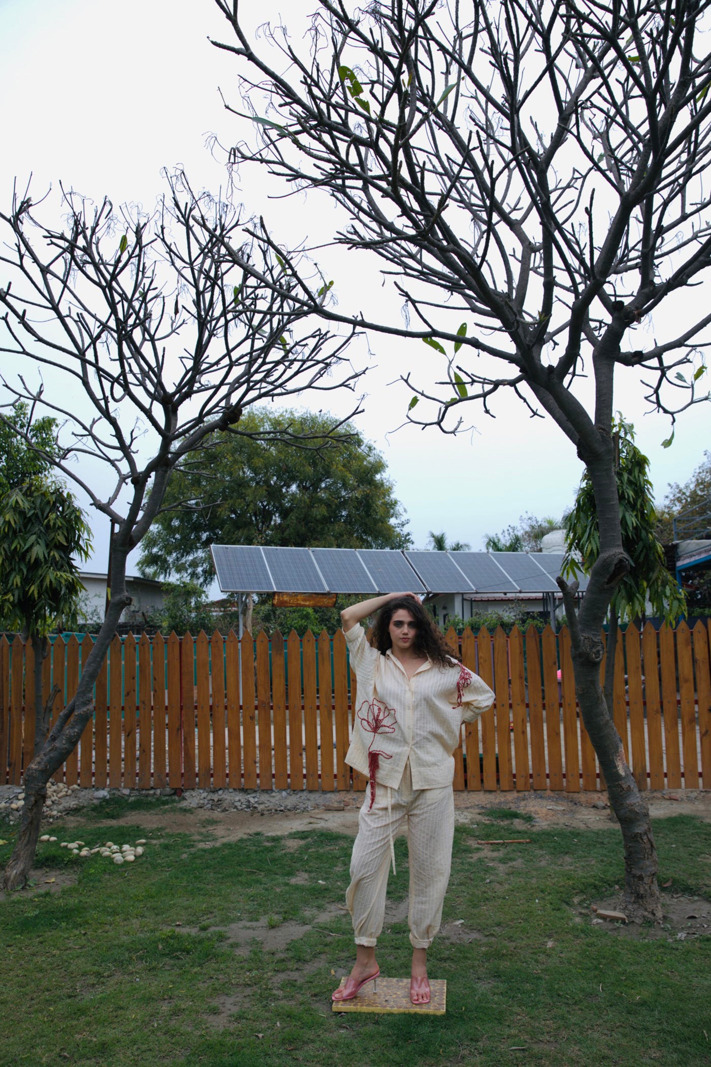 CRUNK ECRU STRIPED EMBELLISHED SHIRT