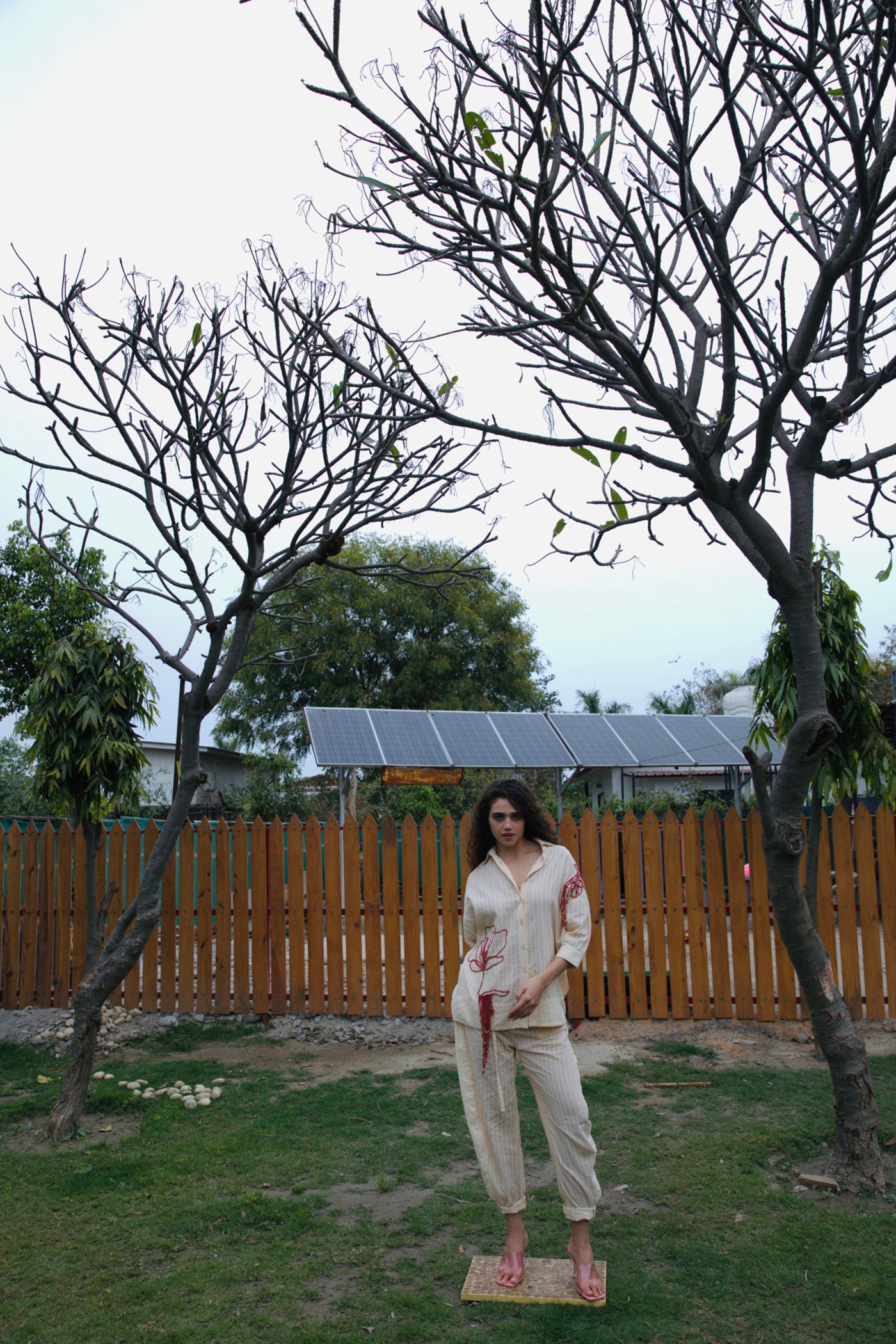 CRUNK ECRU STRIPED EMBELLISHED CO-ORD (SHIRT WITH PANTS)