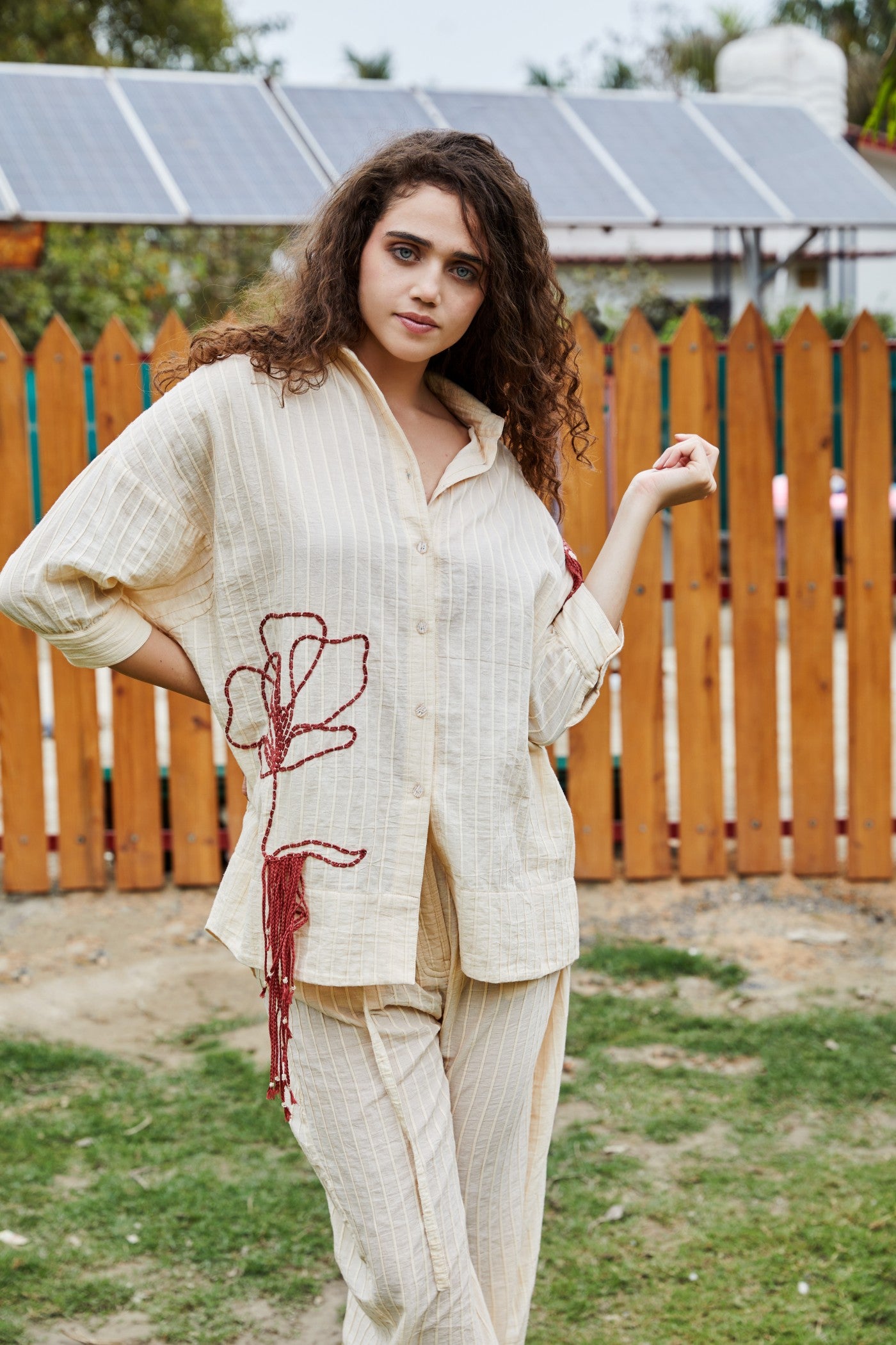 CRUNK ECRU STRIPED EMBELLISHED CO-ORD (SHIRT WITH PANTS)