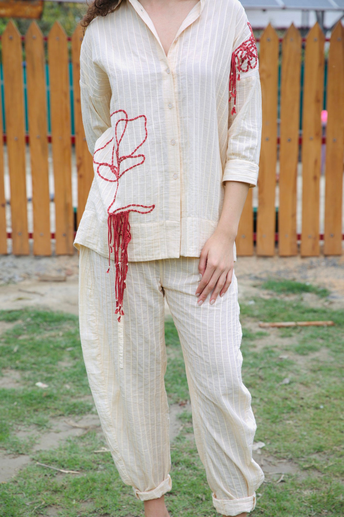 CRUNK ECRU STRIPED EMBELLISHED SHIRT