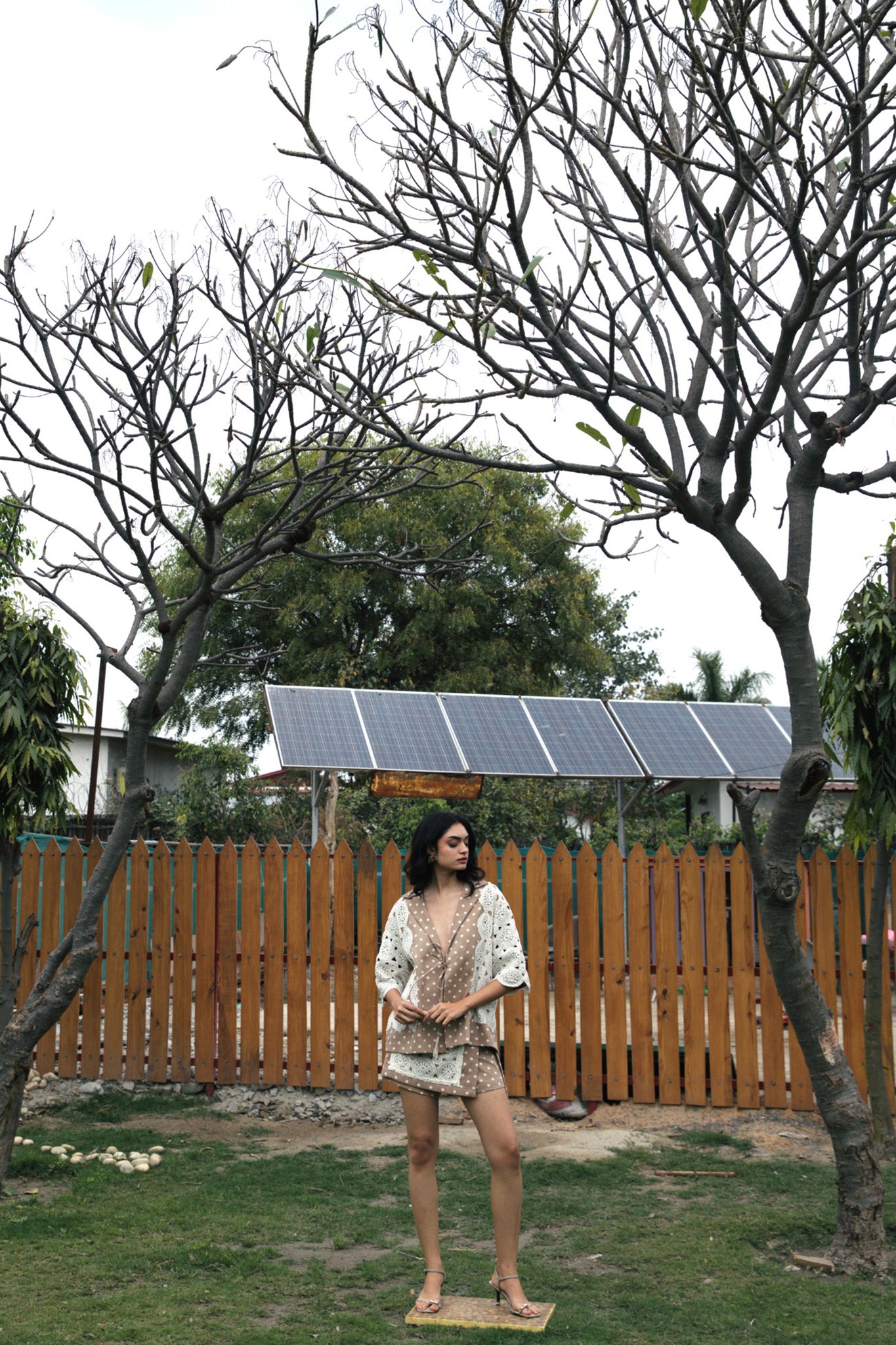 CRUNK TAN POLKA DOT CROCHET EMBELLISHED SHIRT