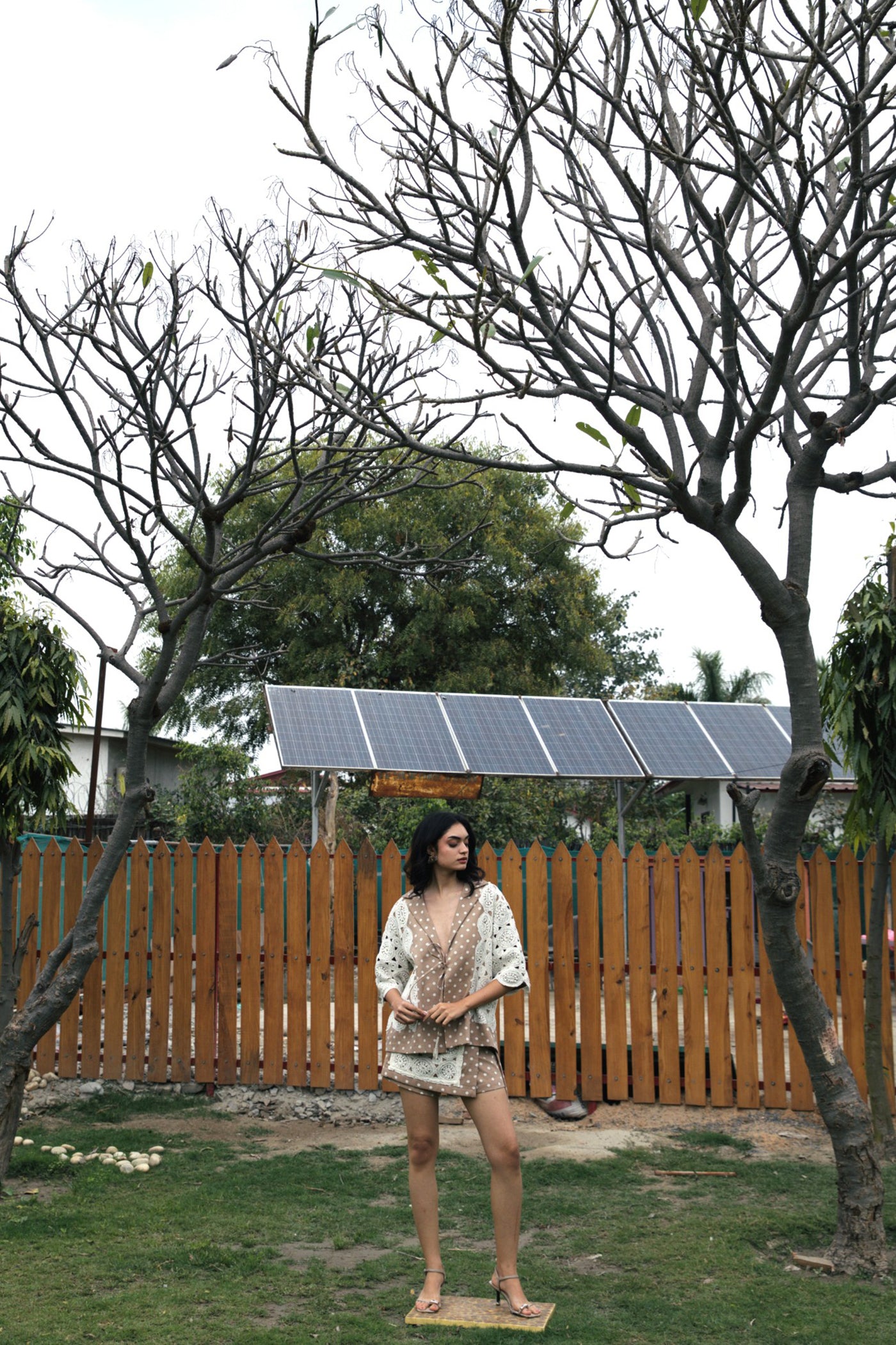CRUNK TAN POLKA DOT CROCHET EMBELLISHED SHIRT
