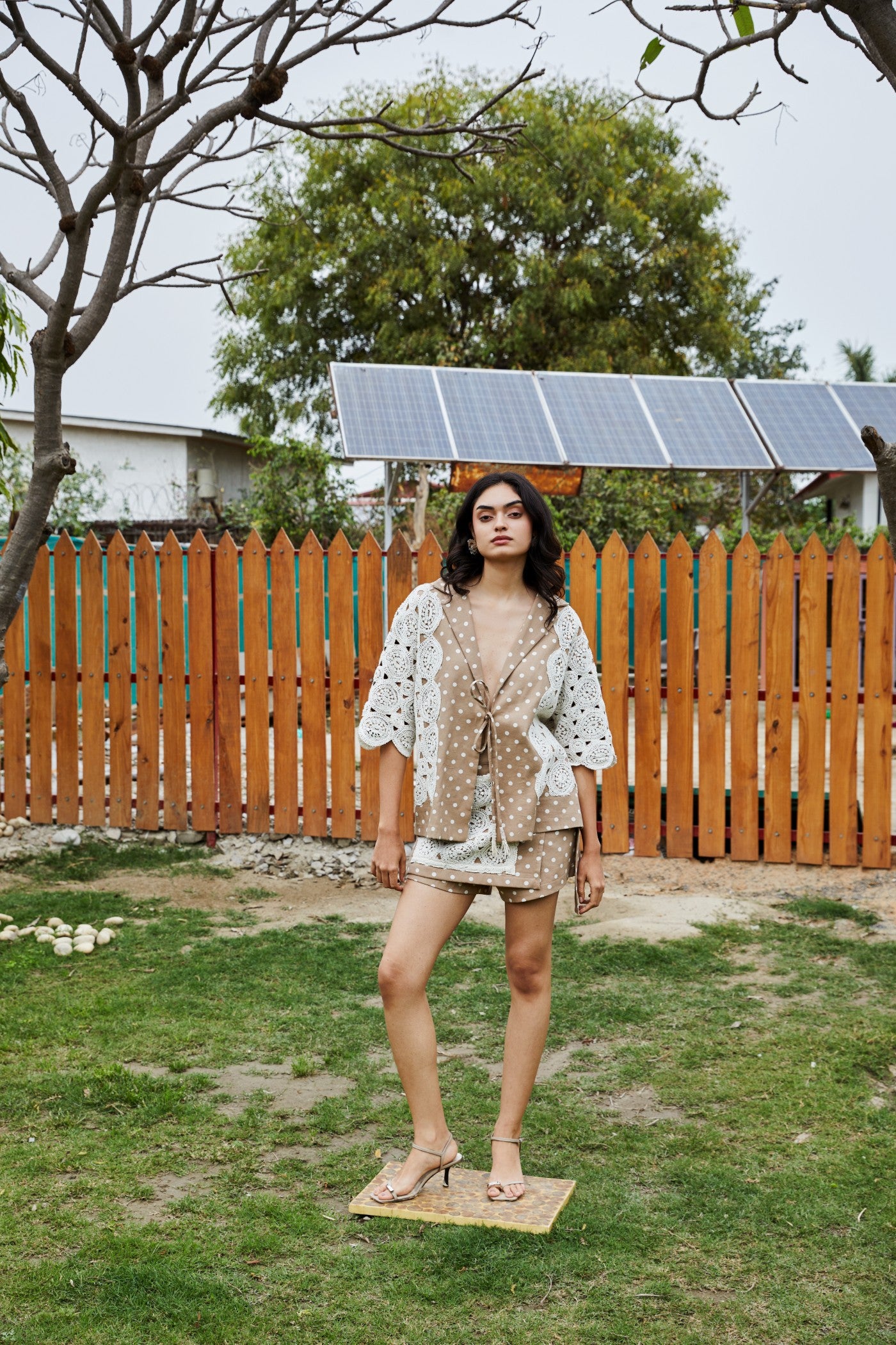 CRUNK TAN POLKA DOT CROCHET EMBELLISHED SKORTS
