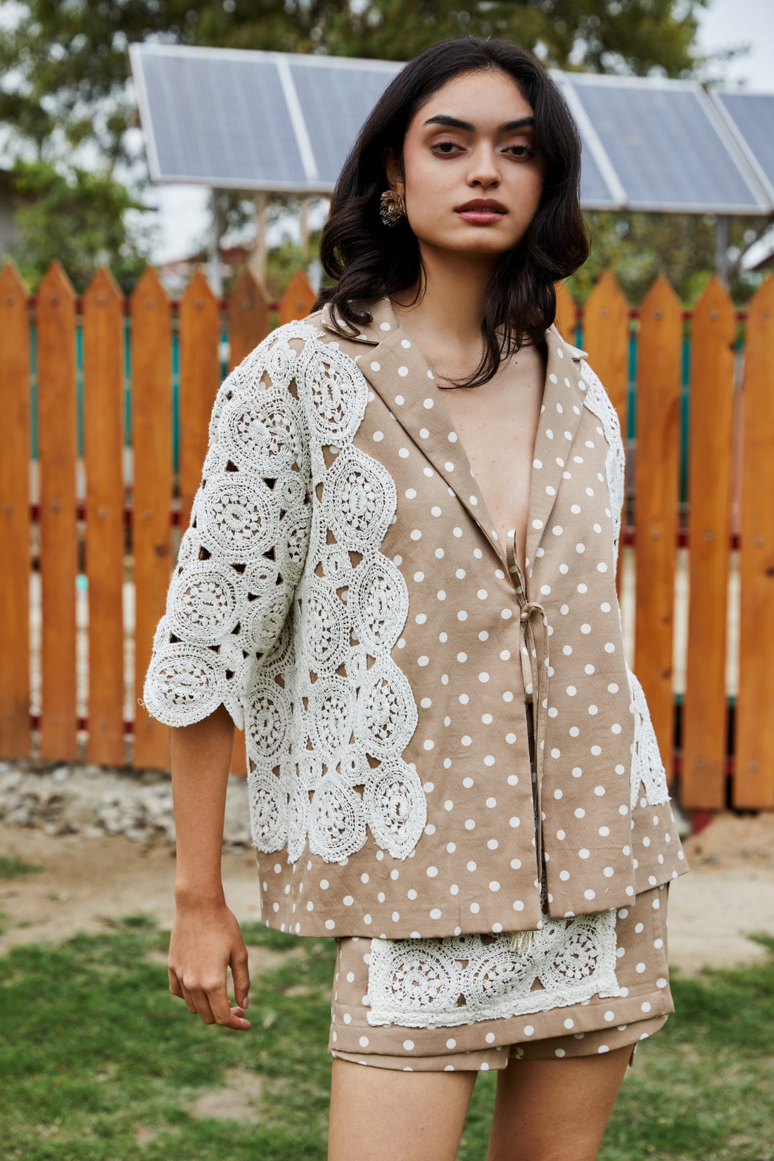 CRUNK TAN POLKA DOT CROCHET EMBELLISHED SKORTS