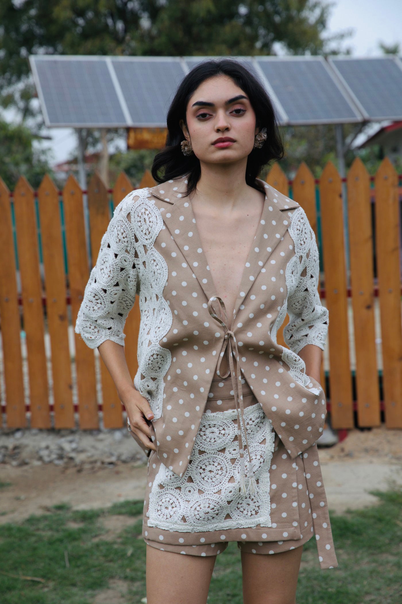 CRUNK TAN POLKA DOT CROCHET EMBELLISHED SKORTS