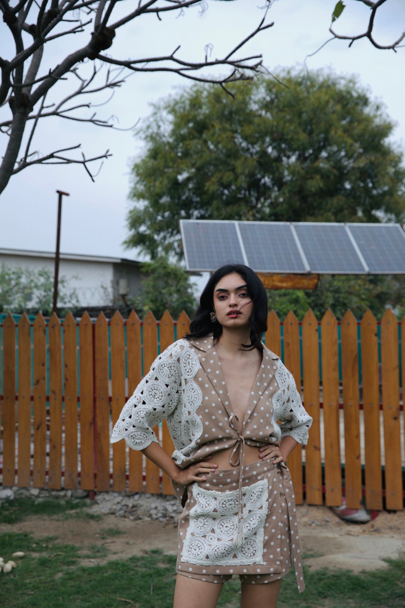 CRUNK TAN POLKA DOT CROCHET EMBELLISHED CO-ORD (SHIRT WITH SKORTS)