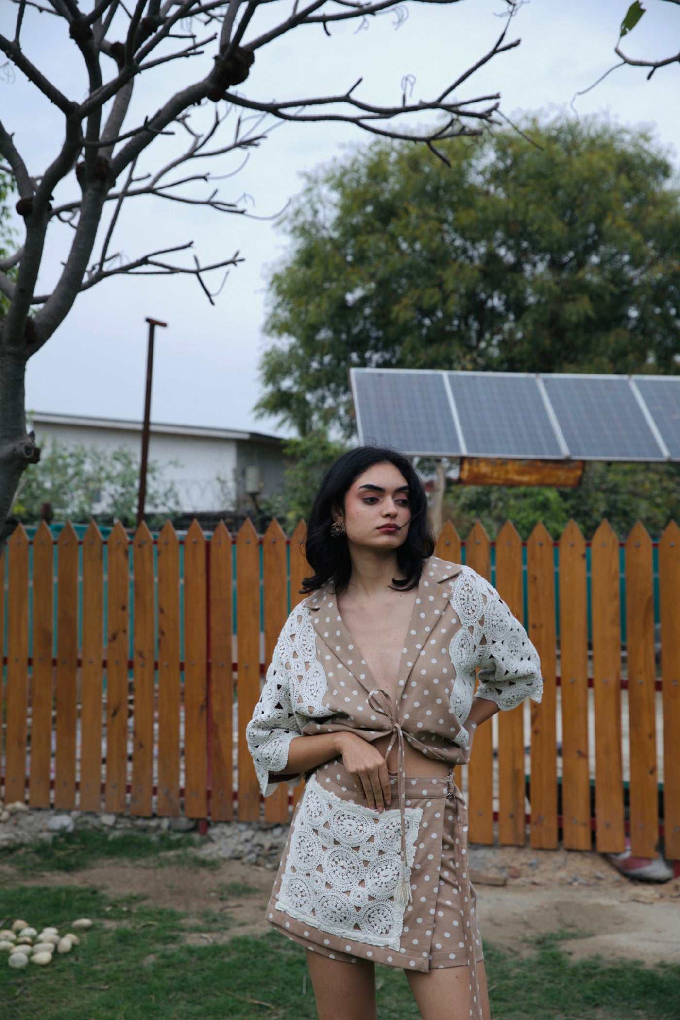 CRUNK TAN POLKA DOT CROCHET EMBELLISHED CO-ORD (SHIRT WITH SKORTS)