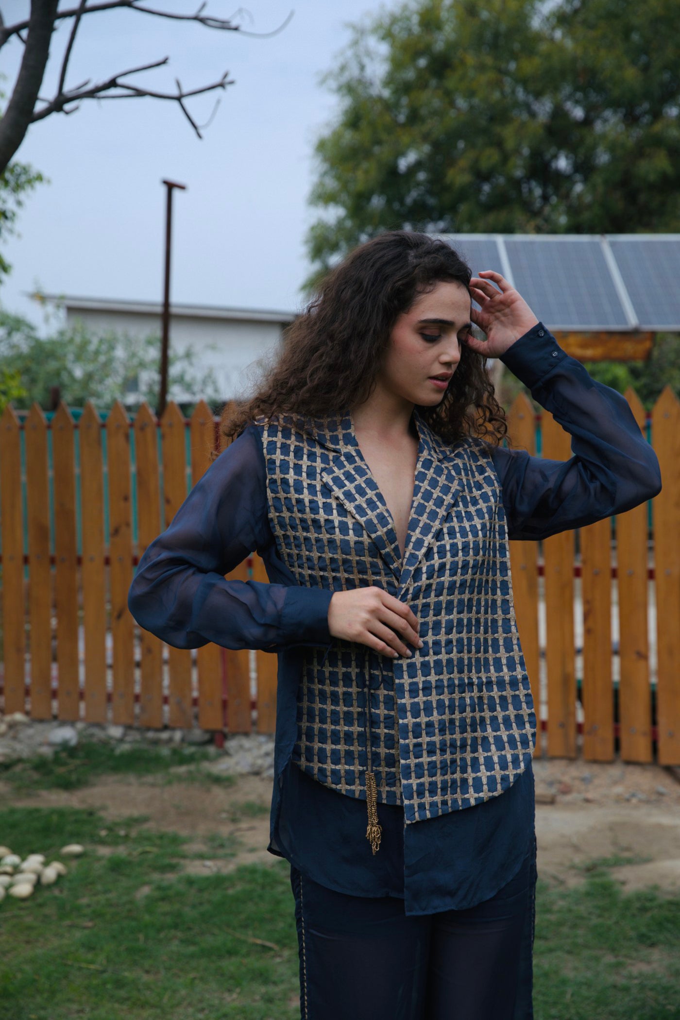 CRUNK METALLIC BLUE JUTE SURFACING VEST SHIRT CO-ORD (VEST SHIRT AND PANTS)