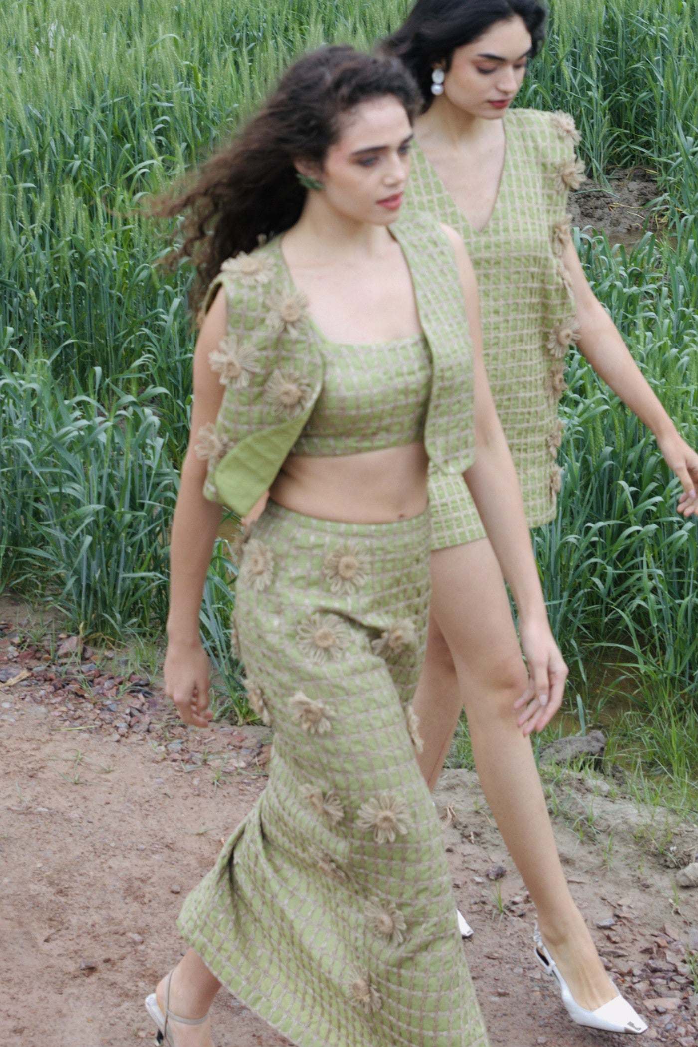 CRUNK LUSH GREEN JUTE SURFACING VEST WITH SKIRT CO-ORD (VEST, BUSTIER AND SKIRT)