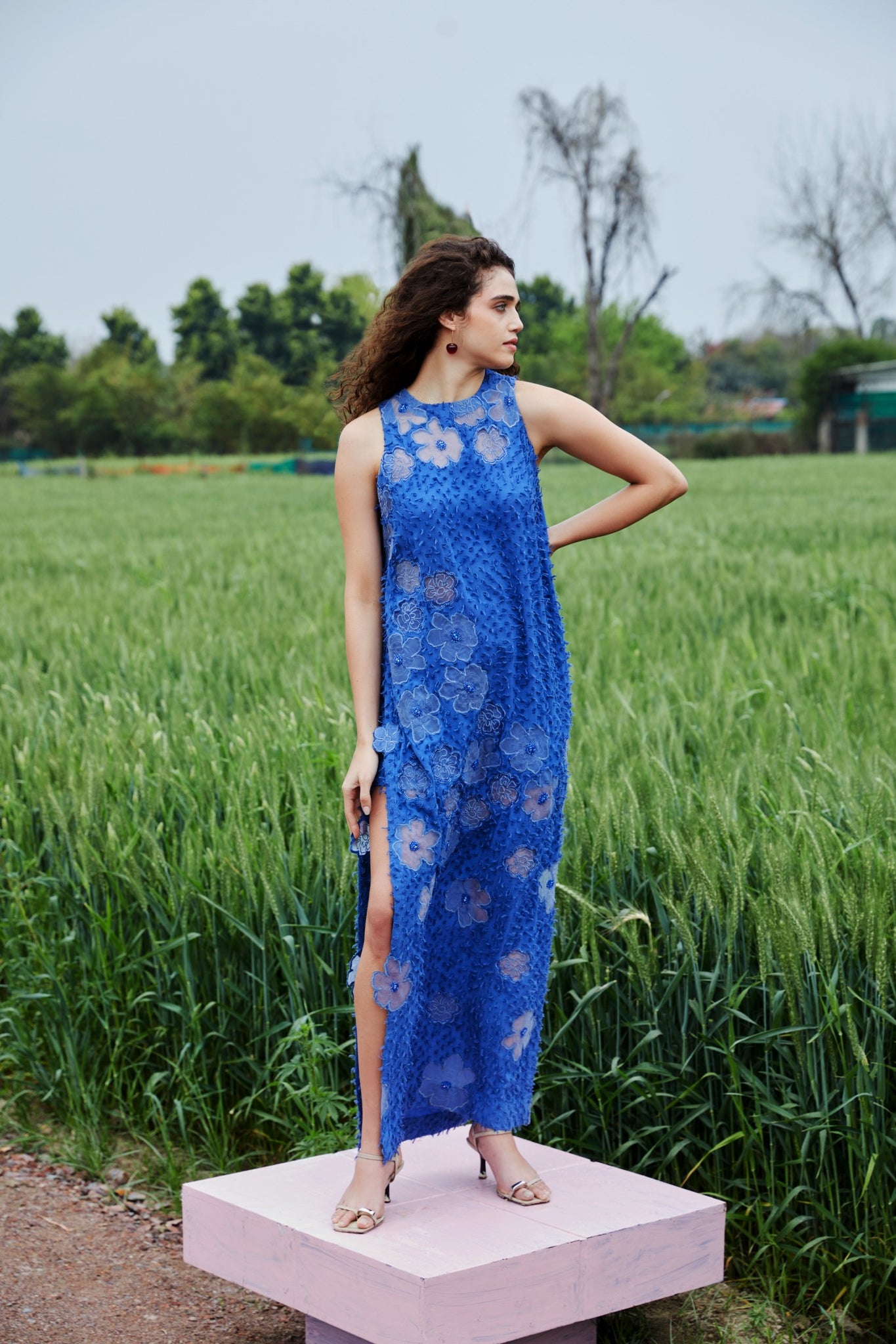CRUNK BLUE FLOWER EMBROIDERED CO-ORD ( LONG SHIRT WITH SHORTS )