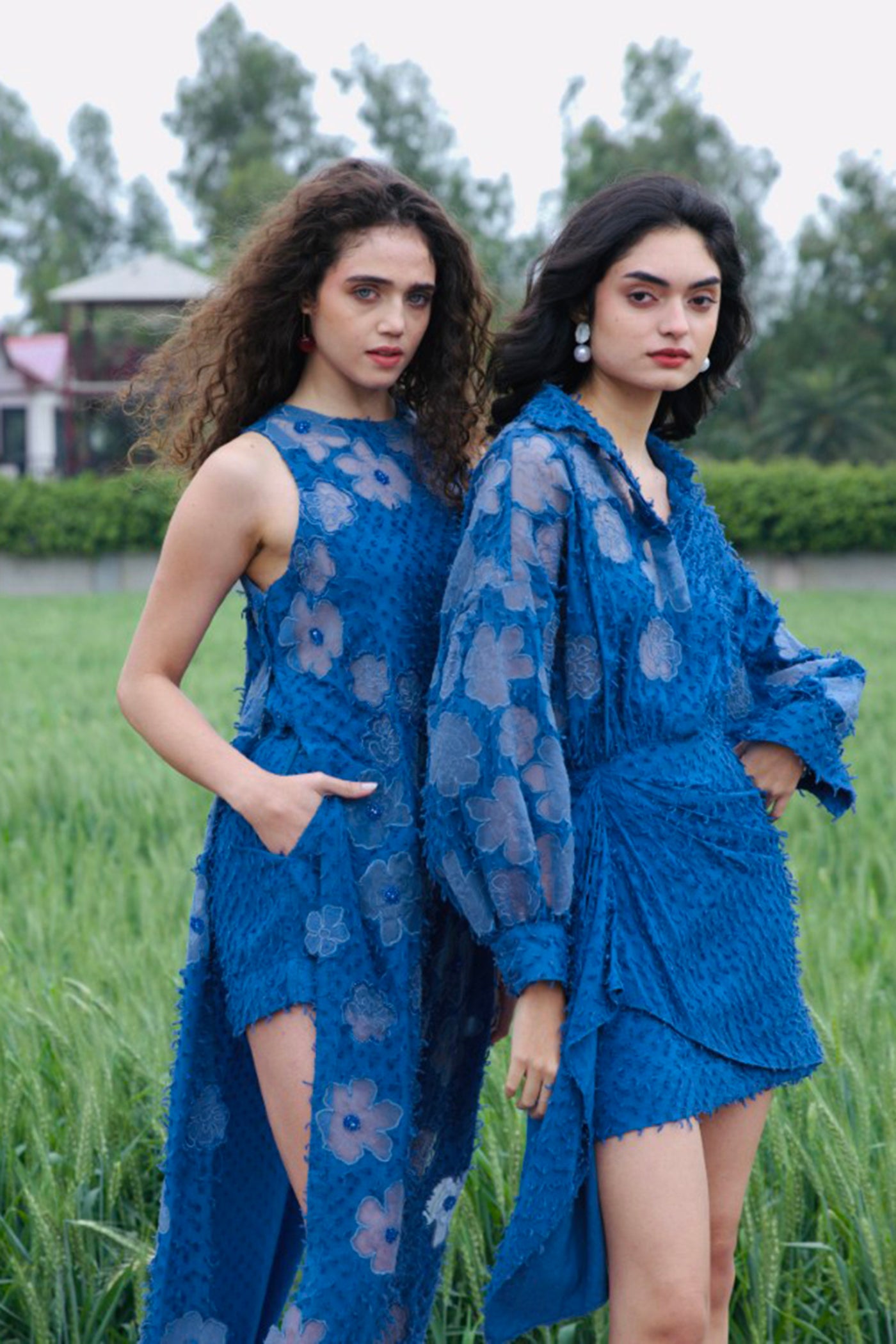 HINA KHAN X CRUNK BLUE FLOWER EMBROIDERED MINI DRESS