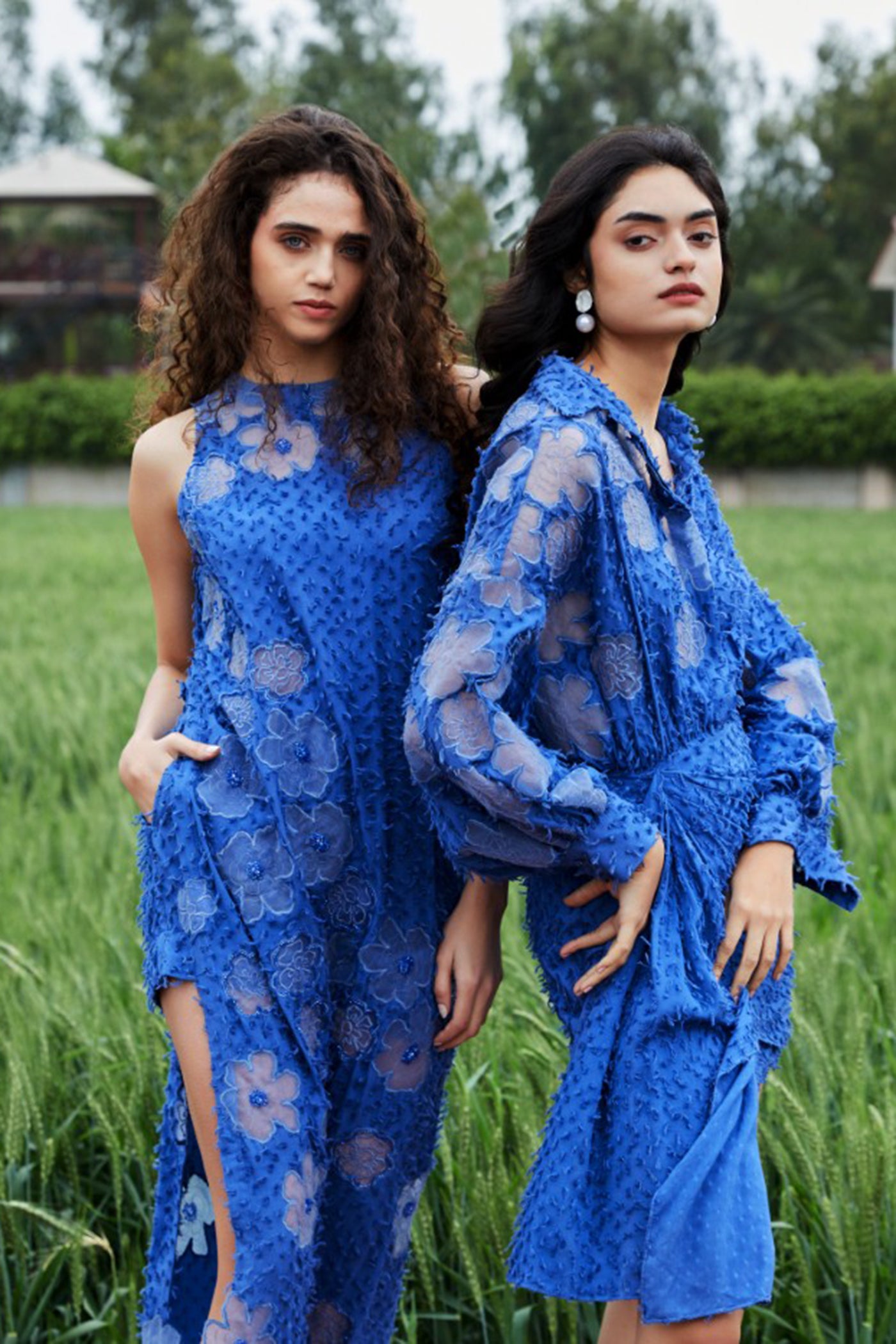 HINA KHAN X CRUNK BLUE FLOWER EMBROIDERED MINI DRESS