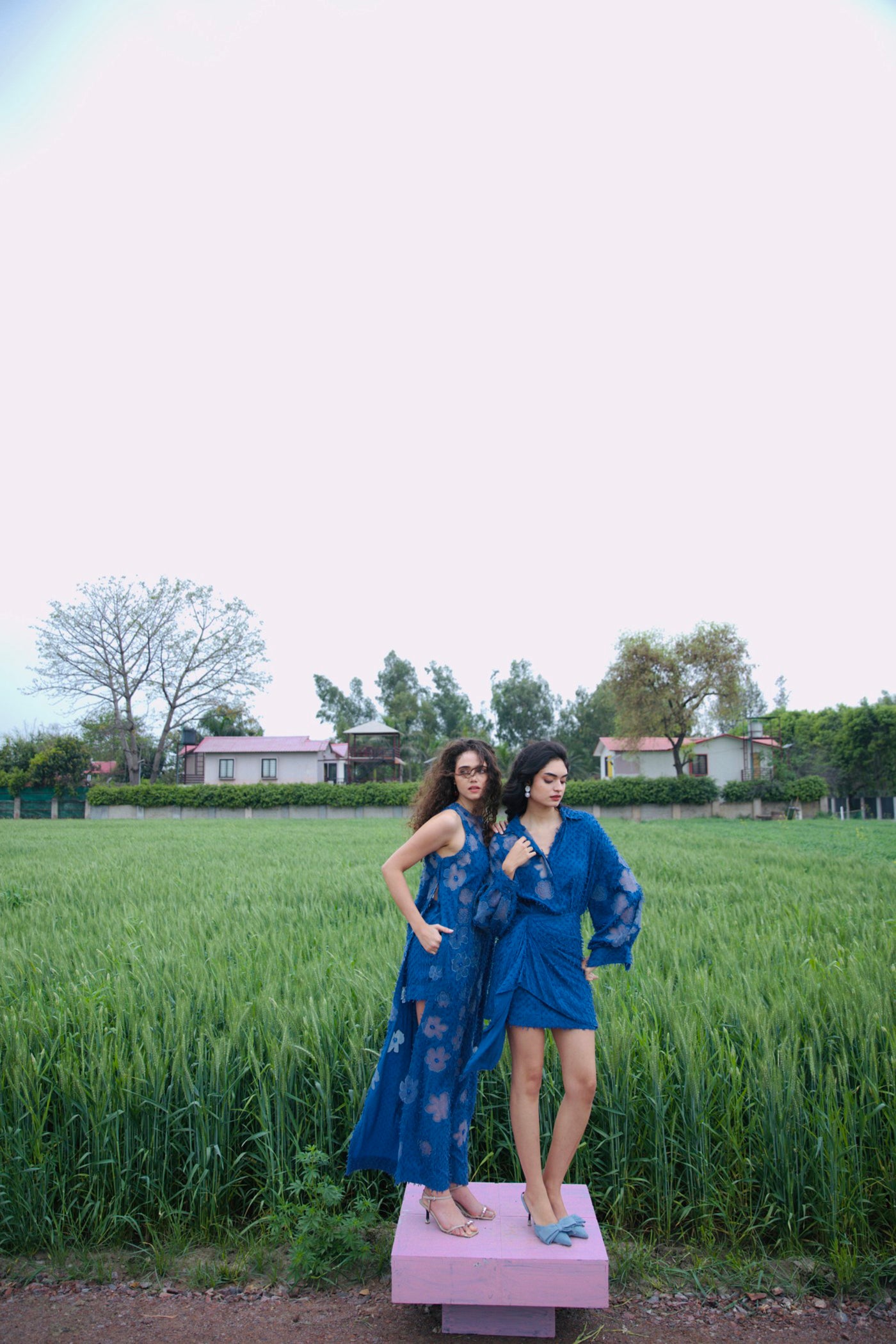 HINA KHAN X CRUNK BLUE FLOWER EMBROIDERED MINI DRESS