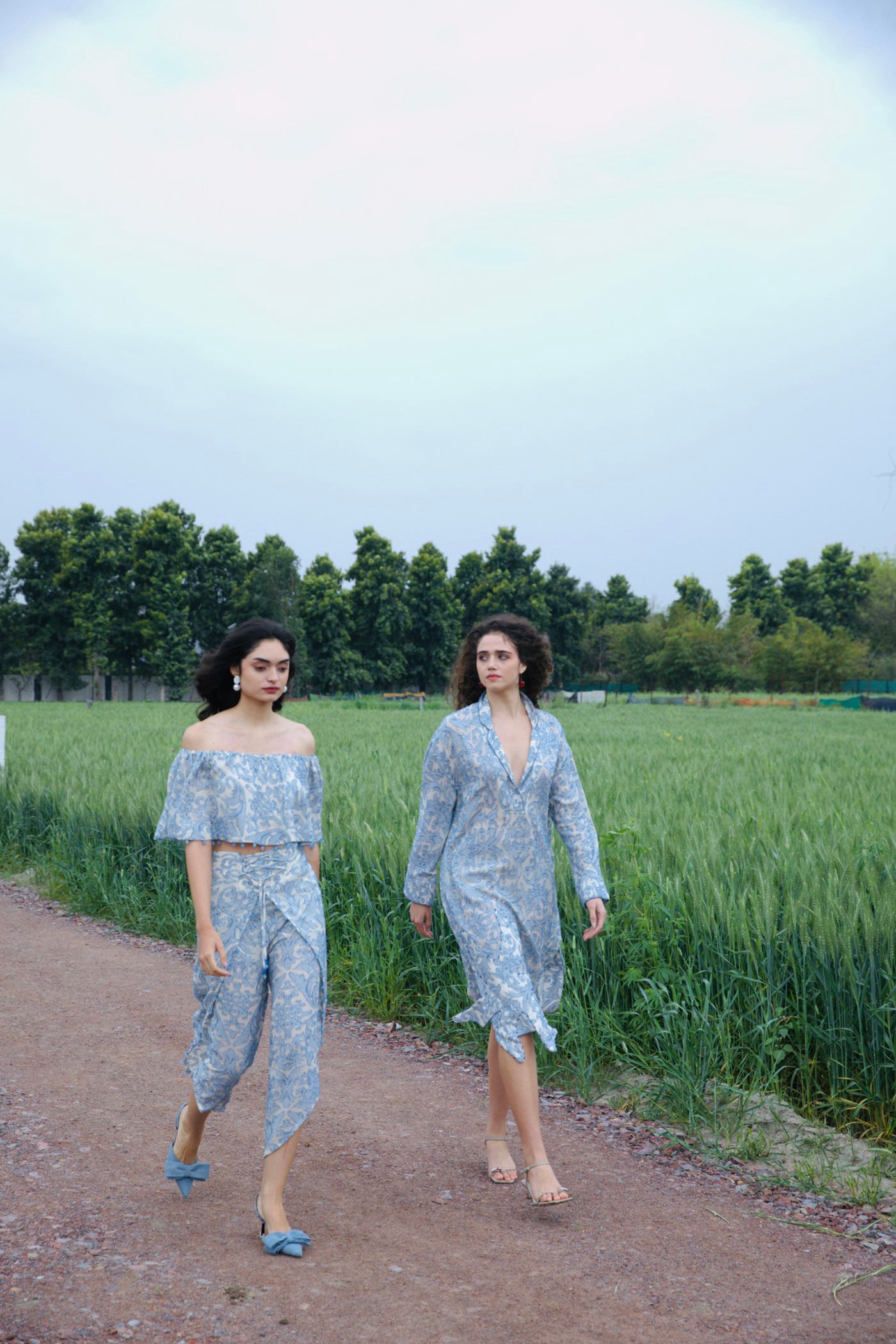 CRUNK MISTY BLUE SELF SHEER  JACQUARD CO-ORD (TOP WITH HAREM PANTS)
