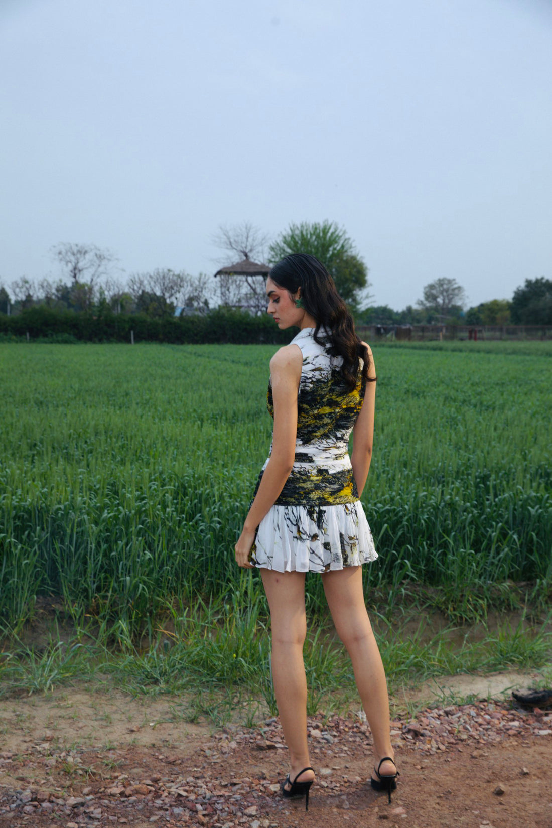 CRUNK LIME-BLACK PRINTED RUCHED MINI DRESS