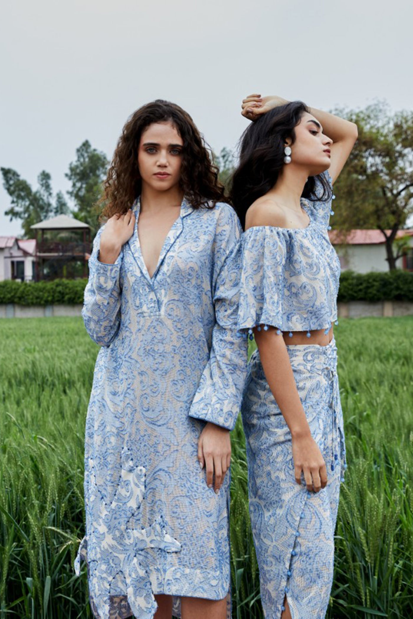 CRUNK MISTY BLUE SELF SHEER  JACQUARD OFFSHOULDER TOP