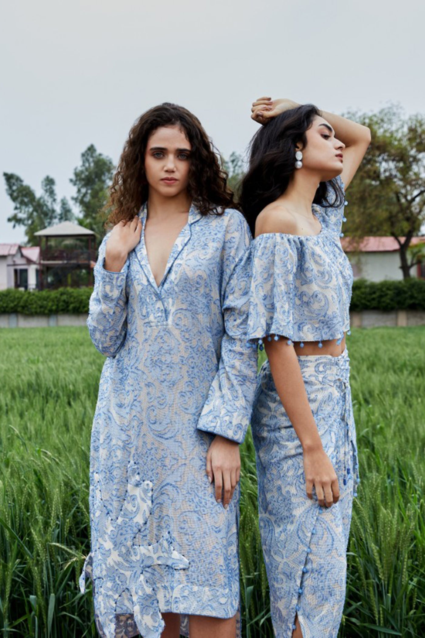 CRUNK MISTY BLUE SELF SHEER  JACQUARD CO-ORD (TOP WITH HAREM PANTS)