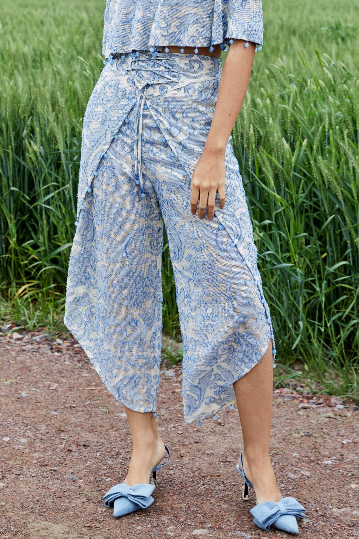 CRUNK MISTY BLUE SELF SHEER  JACQUARD HAREM PANTS