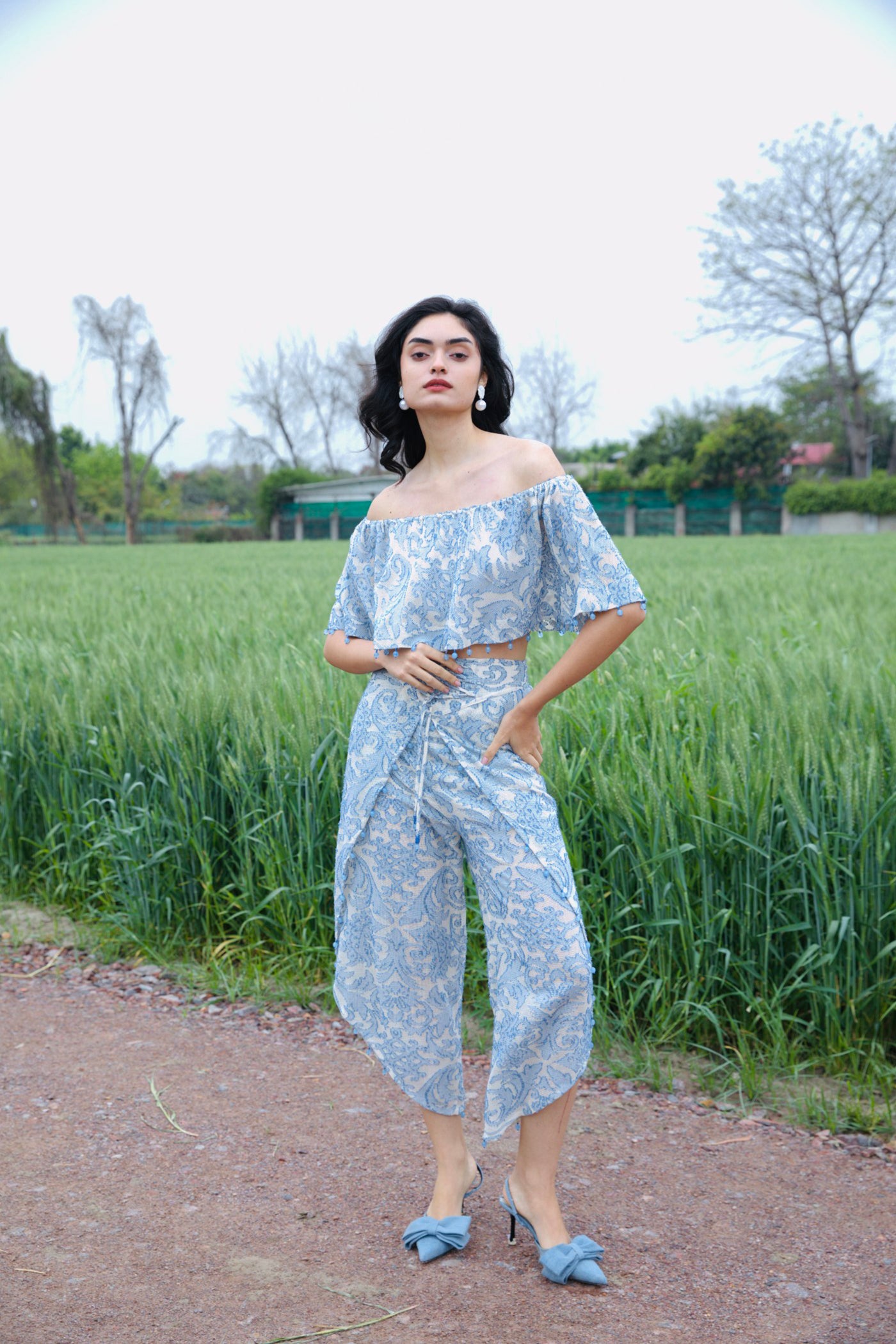 CRUNK MISTY BLUE SELF SHEER  JACQUARD HAREM PANTS
