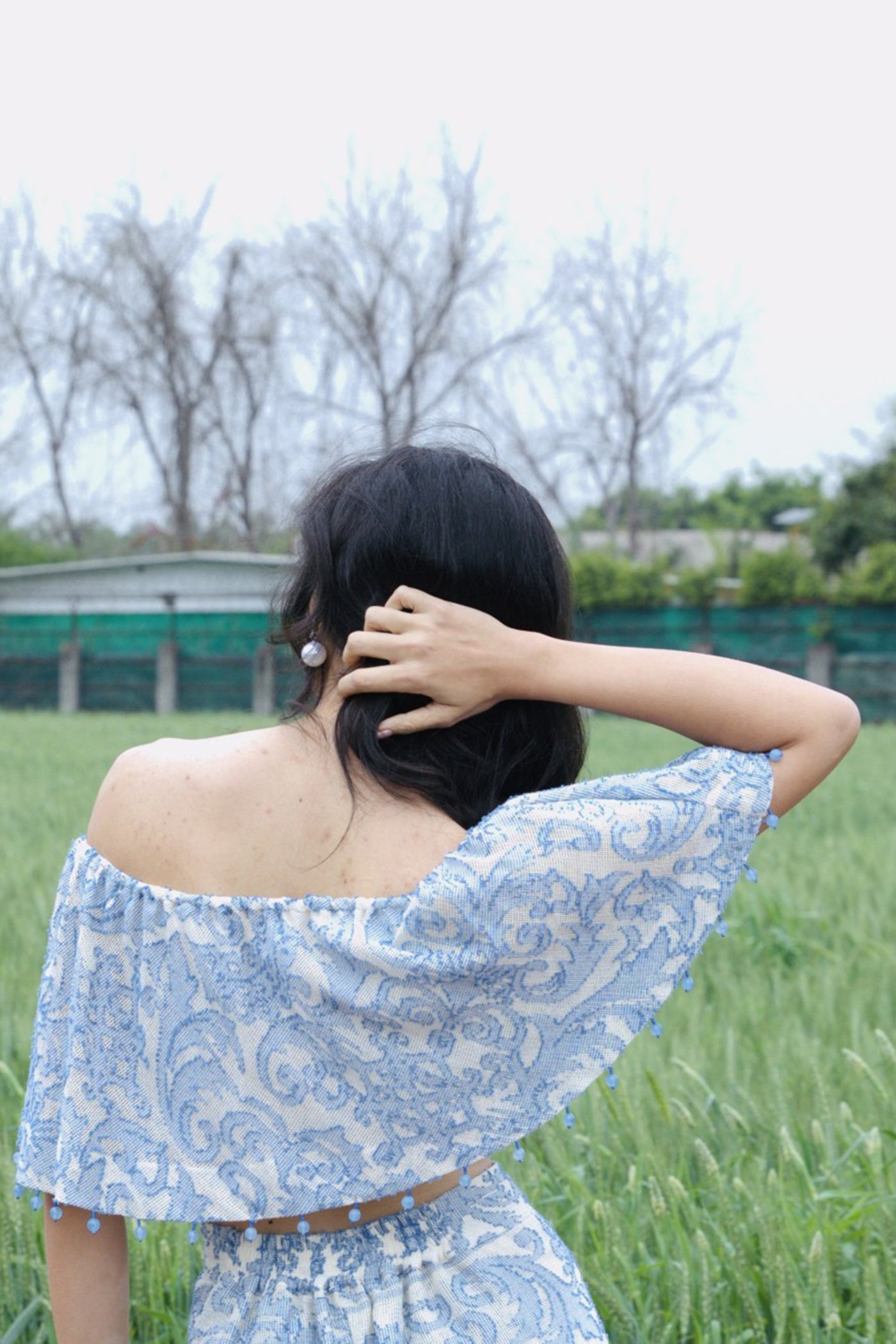 CRUNK MISTY BLUE SELF SHEER  JACQUARD OFFSHOULDER TOP