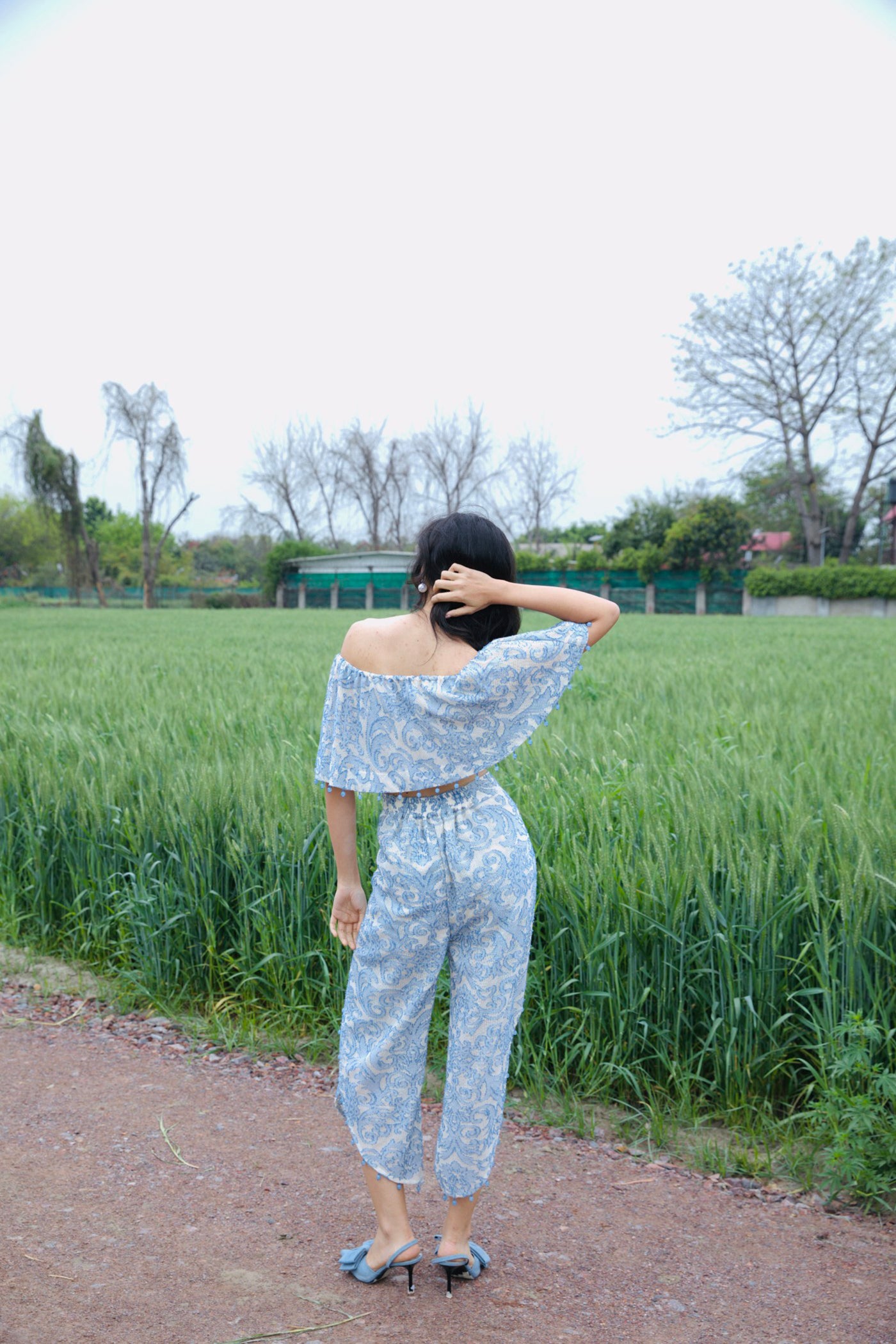 CRUNK MISTY BLUE SELF SHEER  JACQUARD CO-ORD (TOP WITH HAREM PANTS)