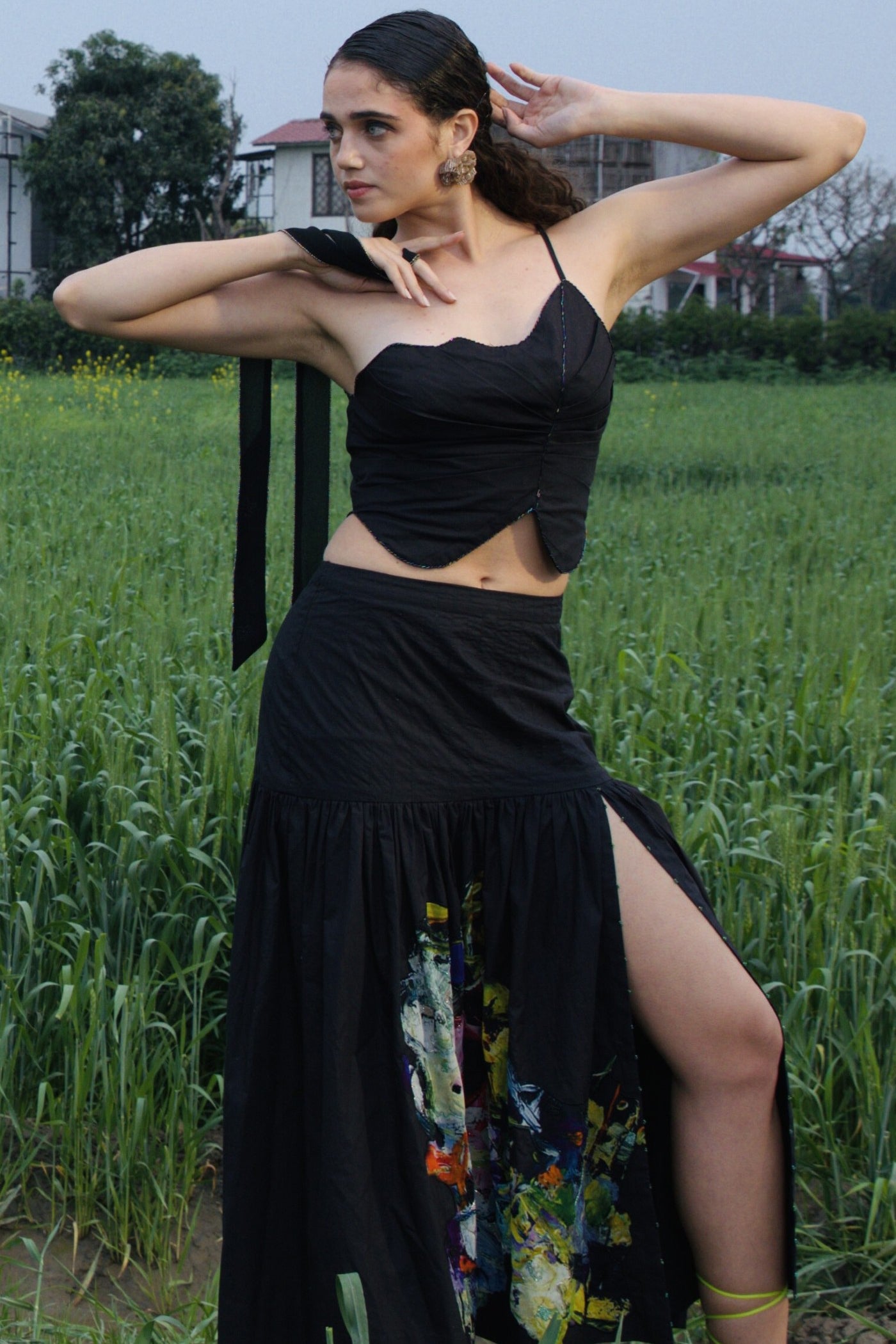 CRUNK BLACK EMBROIDERED FLORAL CO-ORD (CROP TOP AND SKIRT)