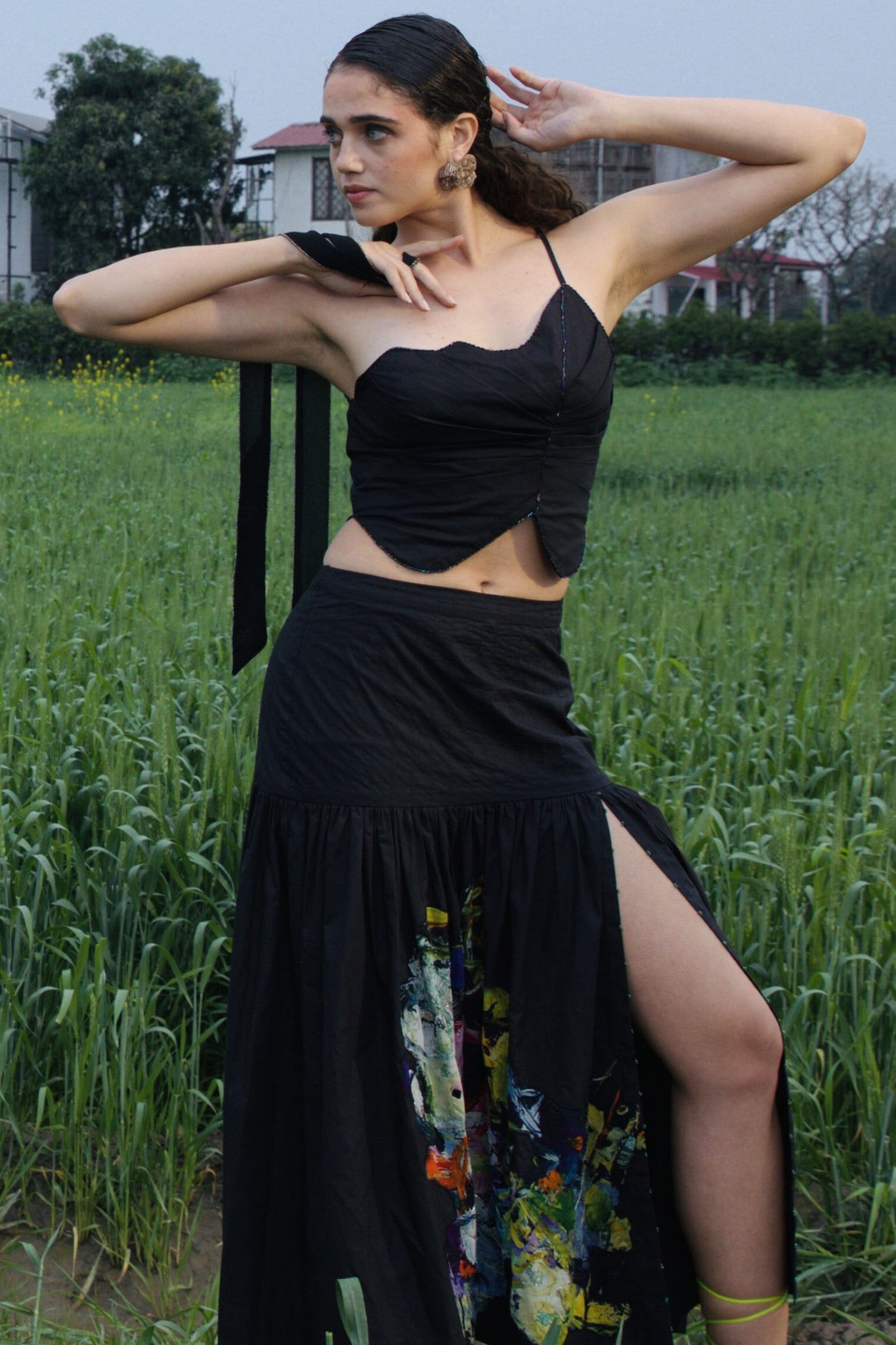 CRUNK BLACK EMBROIDERED FLORAL CROP TOP