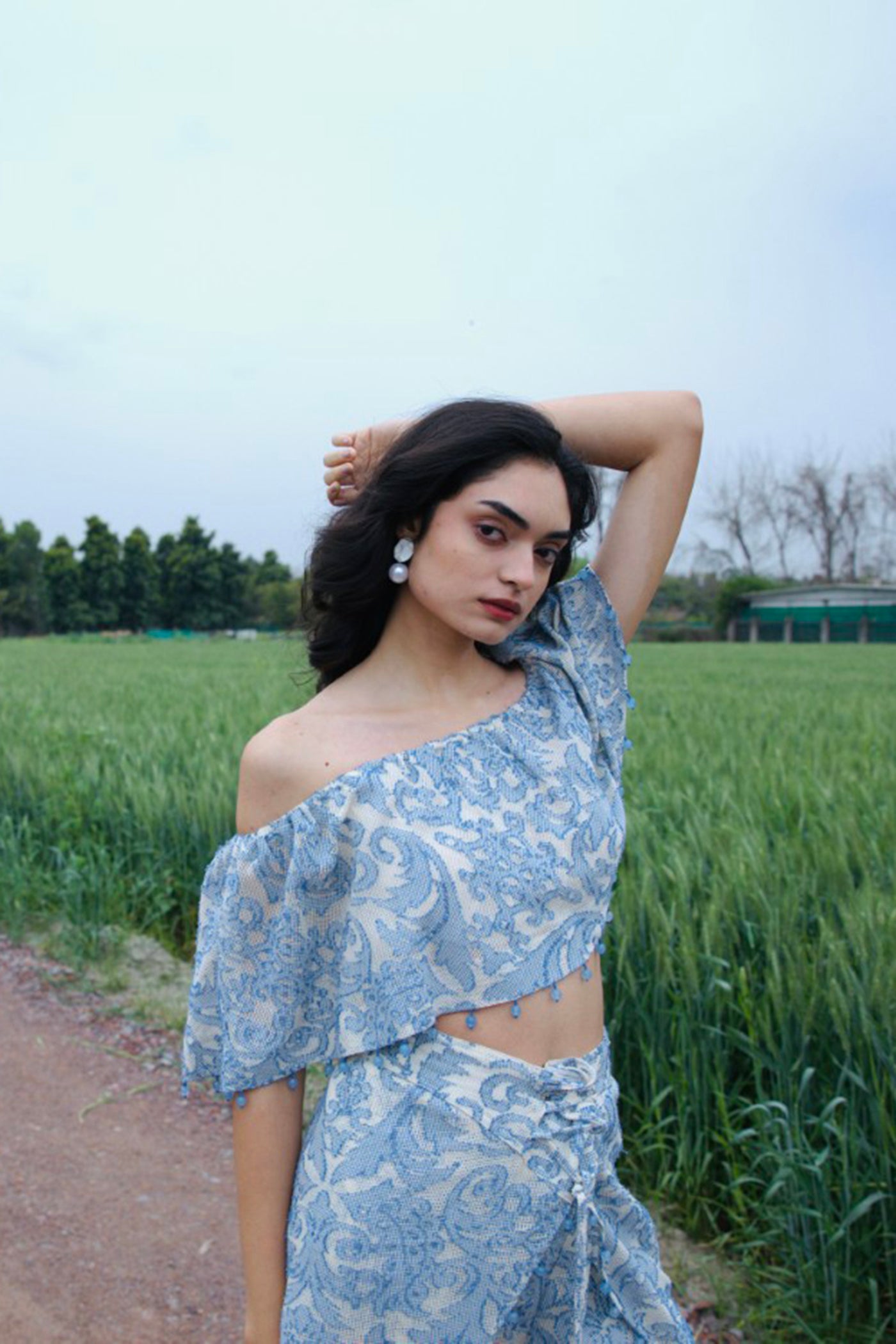 CRUNK MISTY BLUE SELF SHEER  JACQUARD CO-ORD (TOP WITH HAREM PANTS)