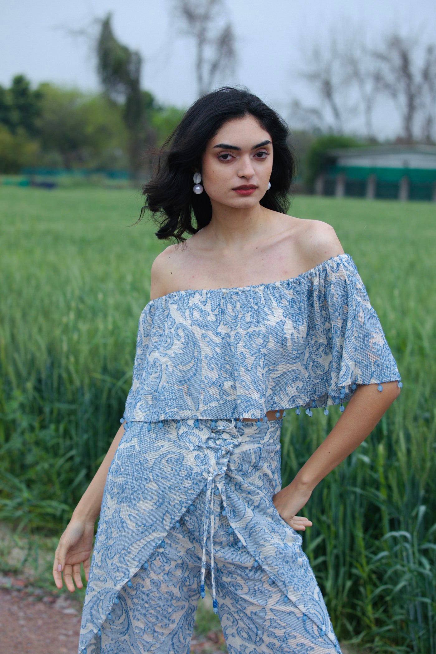 CRUNK MISTY BLUE SELF SHEER  JACQUARD CO-ORD (TOP WITH HAREM PANTS)