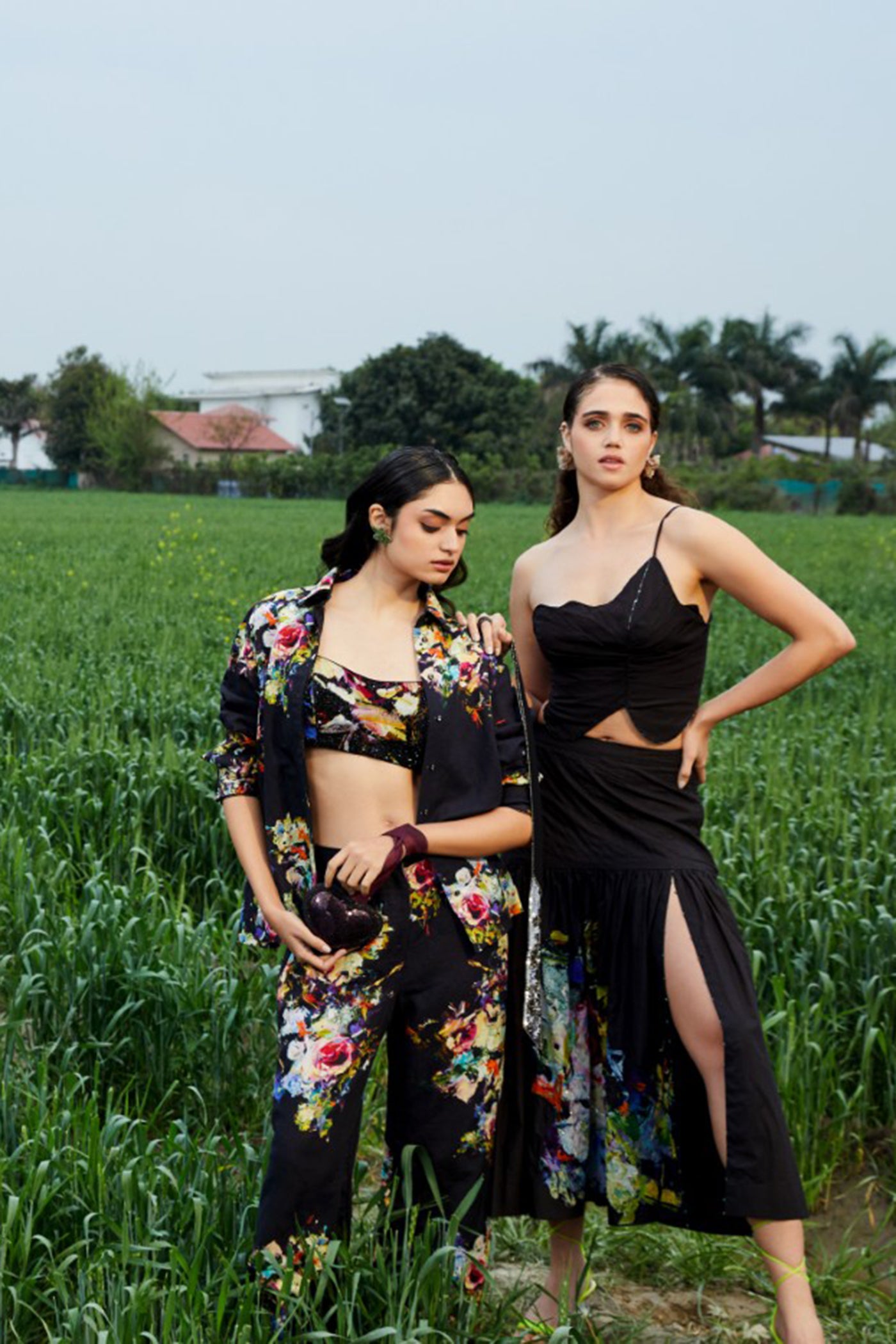CRUNK BLACK EMBROIDERED FLORAL CO-ORD (CROP TOP AND SKIRT)