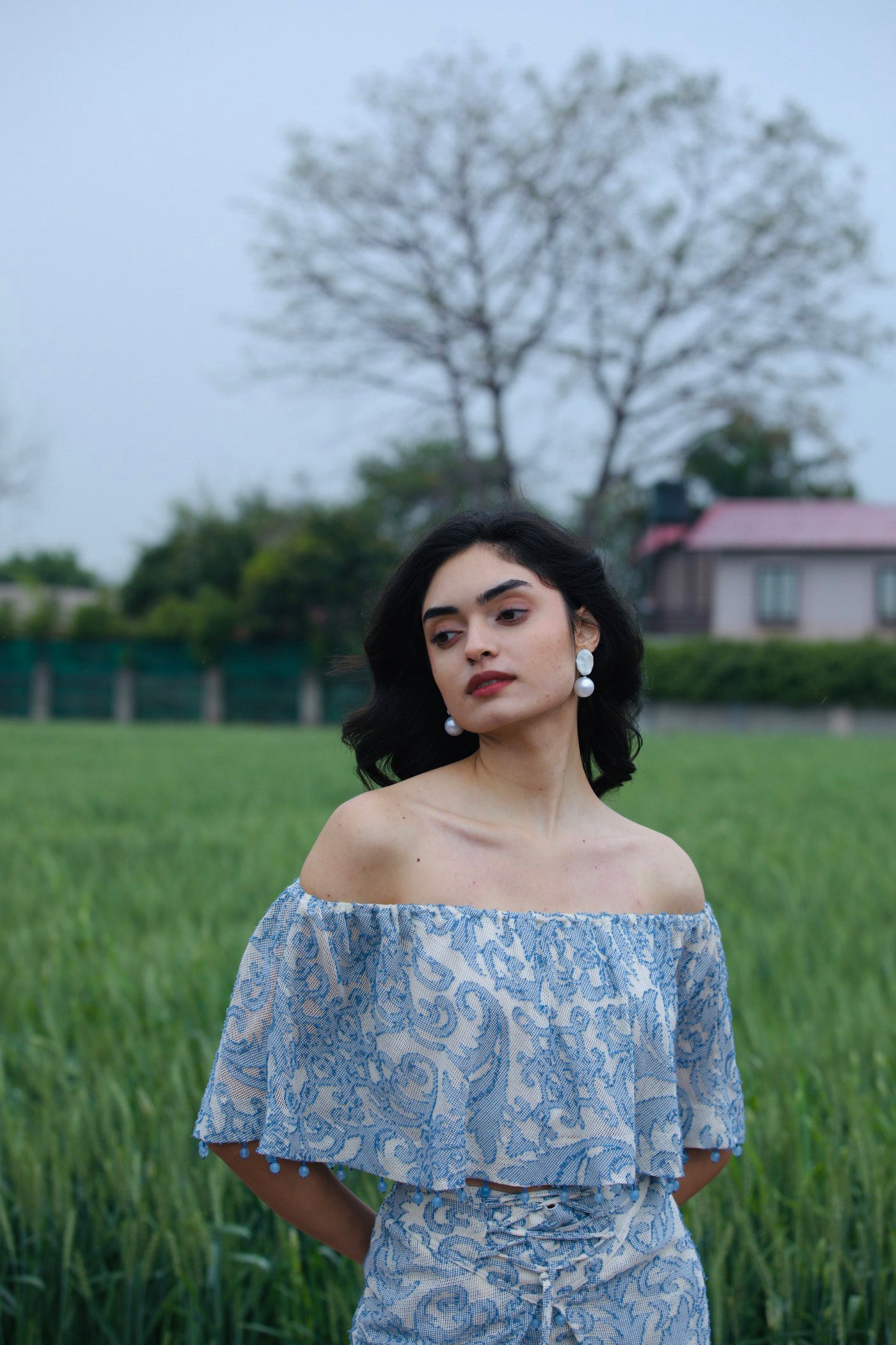 CRUNK MISTY BLUE SELF SHEER  JACQUARD OFFSHOULDER TOP