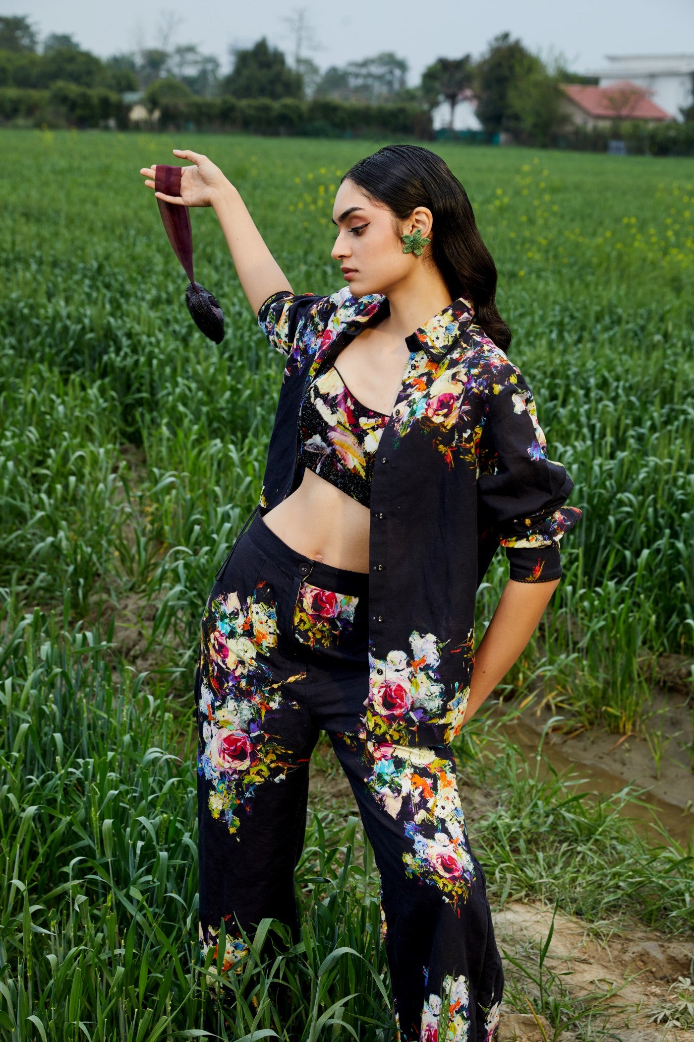 CRUNK BLACK FLORAL PRINTED CO-ORD ( PANTS, BUSTIER AND SHIRT)