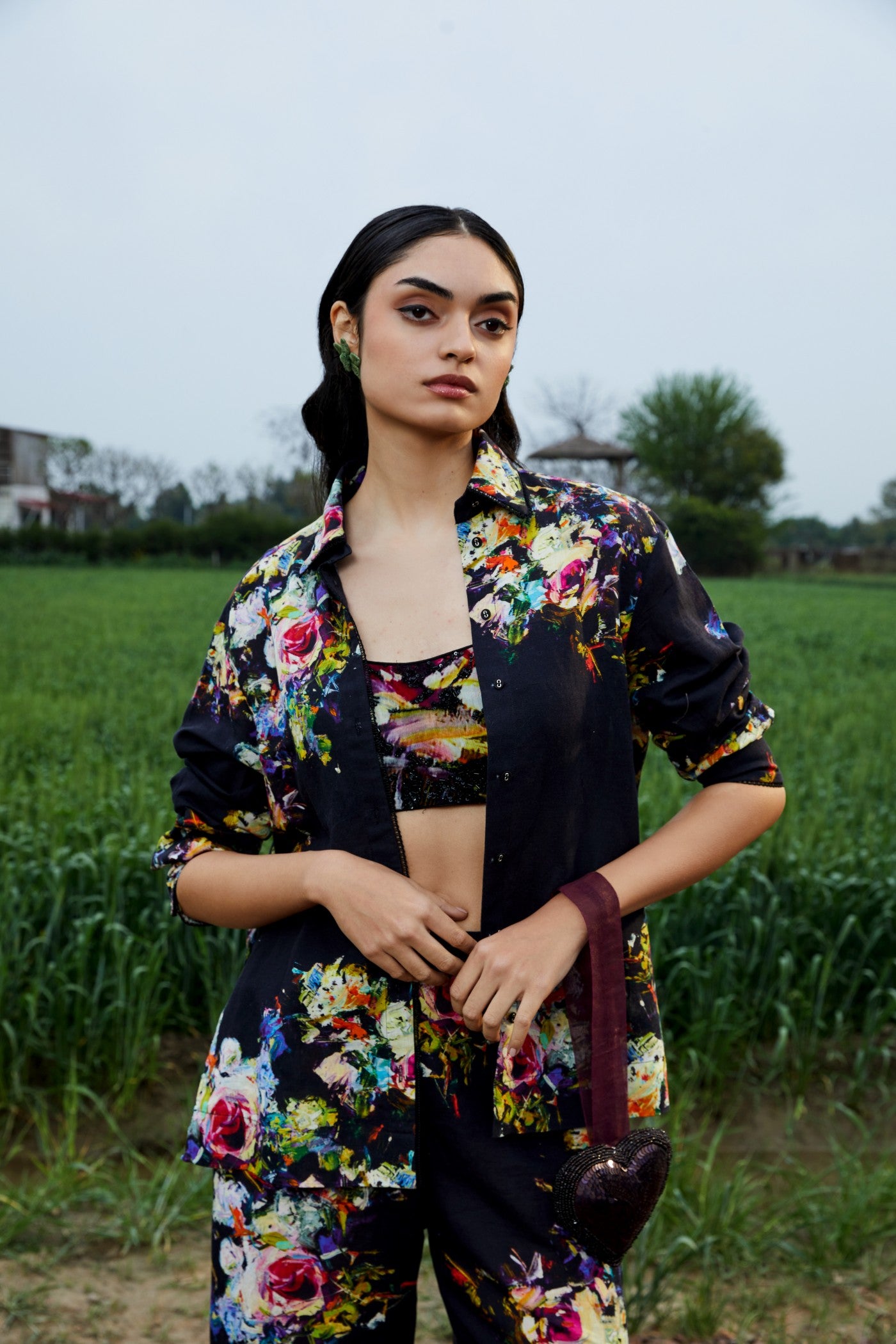 CRUNK BLACK FLORAL PRINTED CO-ORD ( PANTS, BUSTIER AND SHIRT)