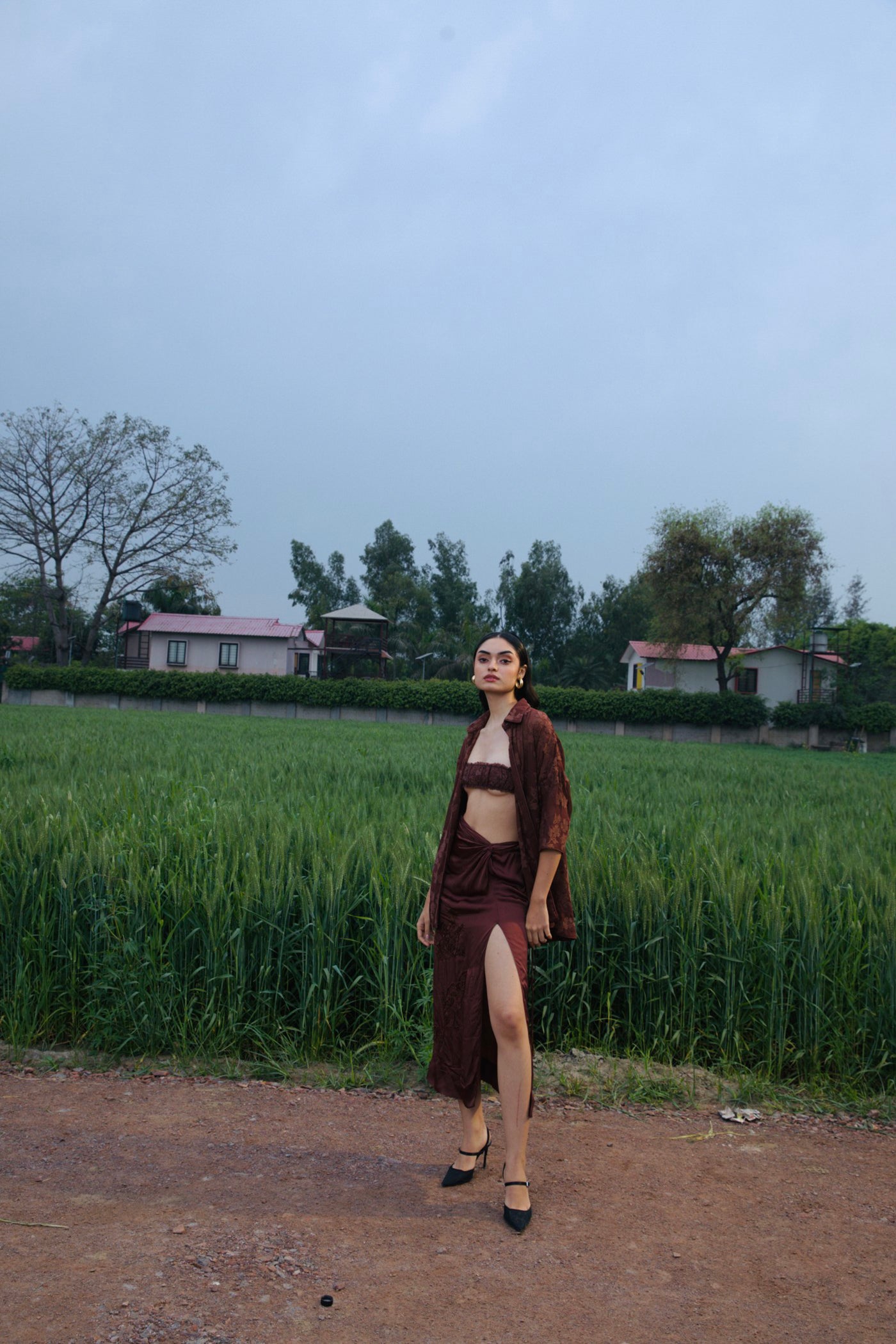 CRUNK MOCHA EMBELLISHED CO-ORD (SHIRT WITH DRAPE SKIRT)