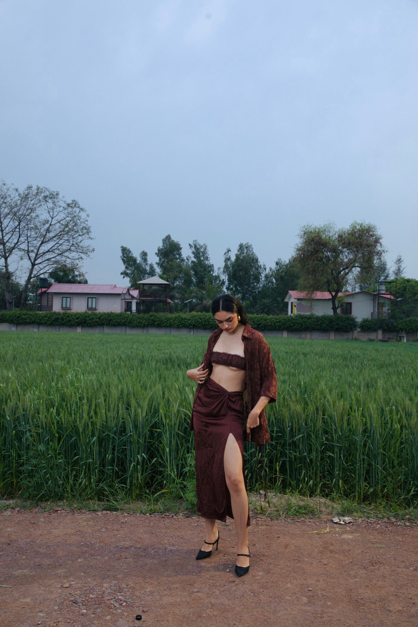 CRUNK MOCHA EMBELLISHED CO-ORD (SHIRT WITH DRAPE SKIRT)