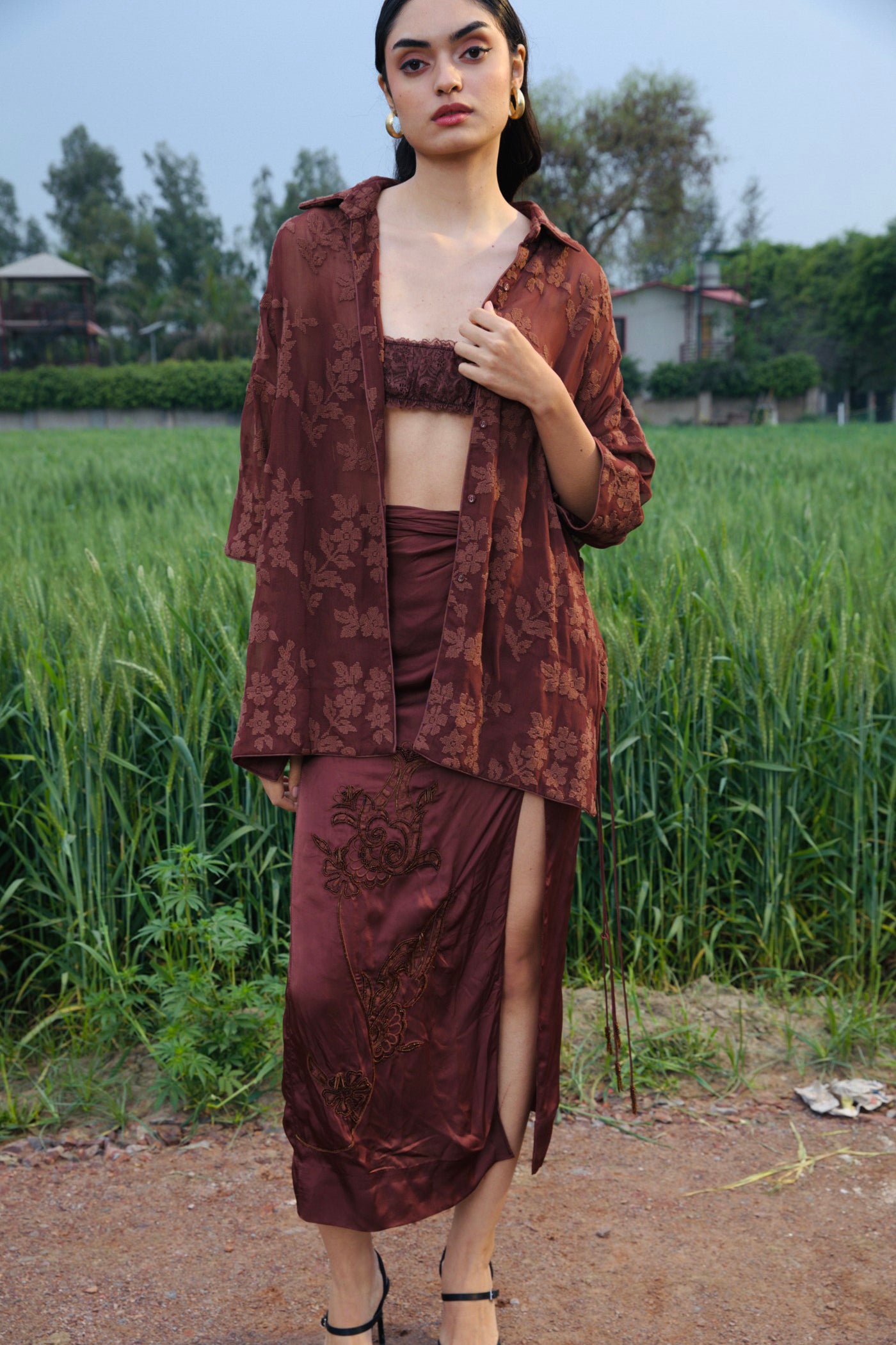 CRUNK MOCHA EMBELLISHED CO-ORD (SHIRT WITH DRAPE SKIRT)