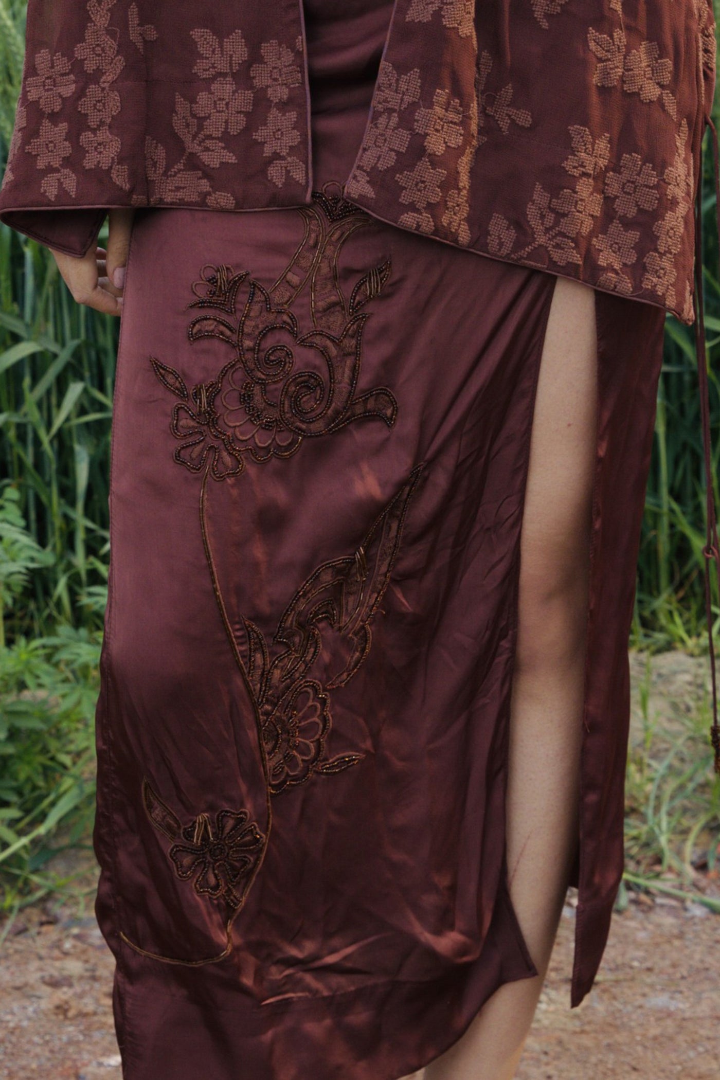 CRUNK MOCHA EMBELLISHED CO-ORD (SHIRT WITH DRAPE SKIRT)