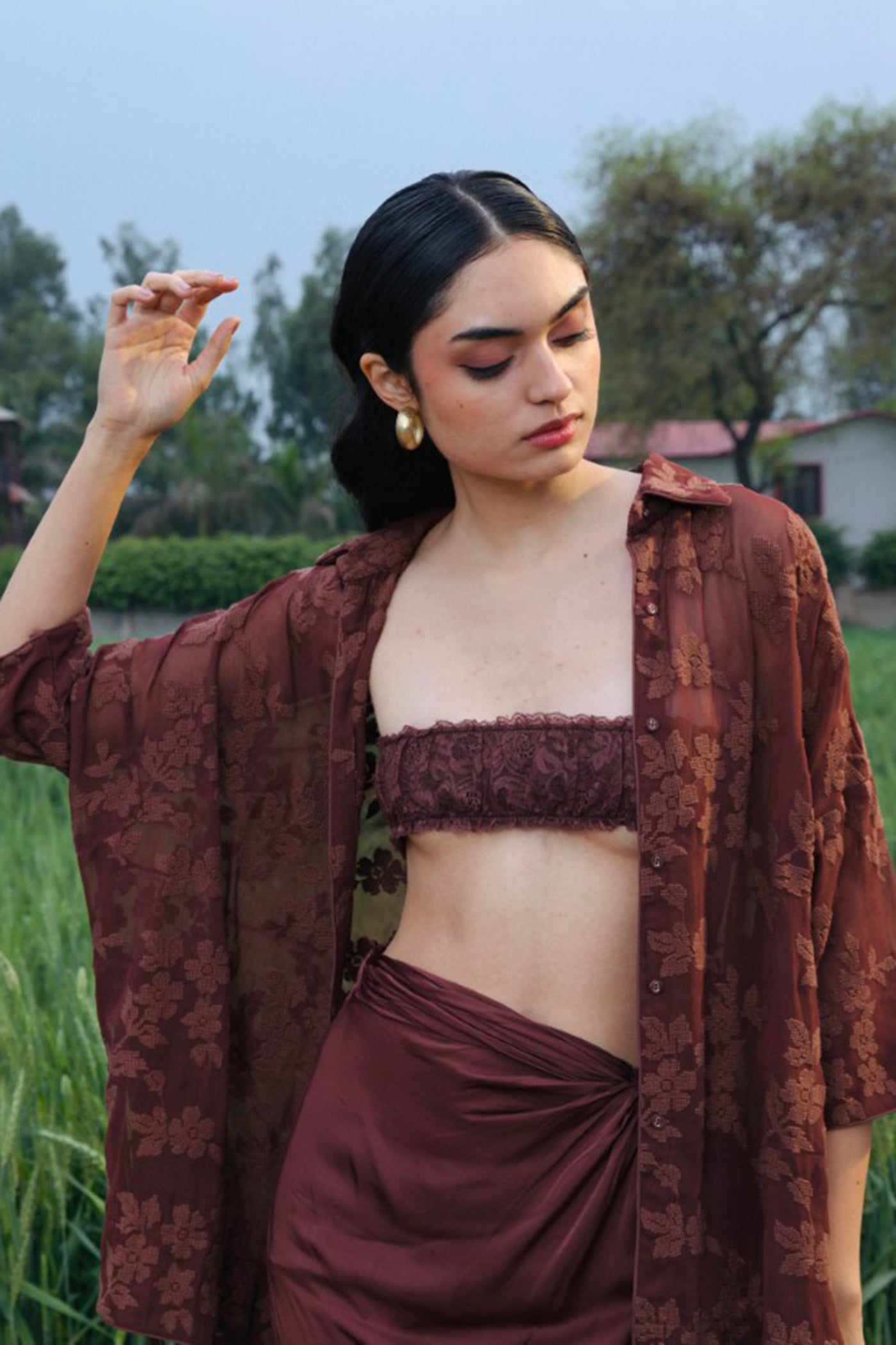 CRUNK MOCHA EMBELLISHED CO-ORD (SHIRT WITH DRAPE SKIRT)