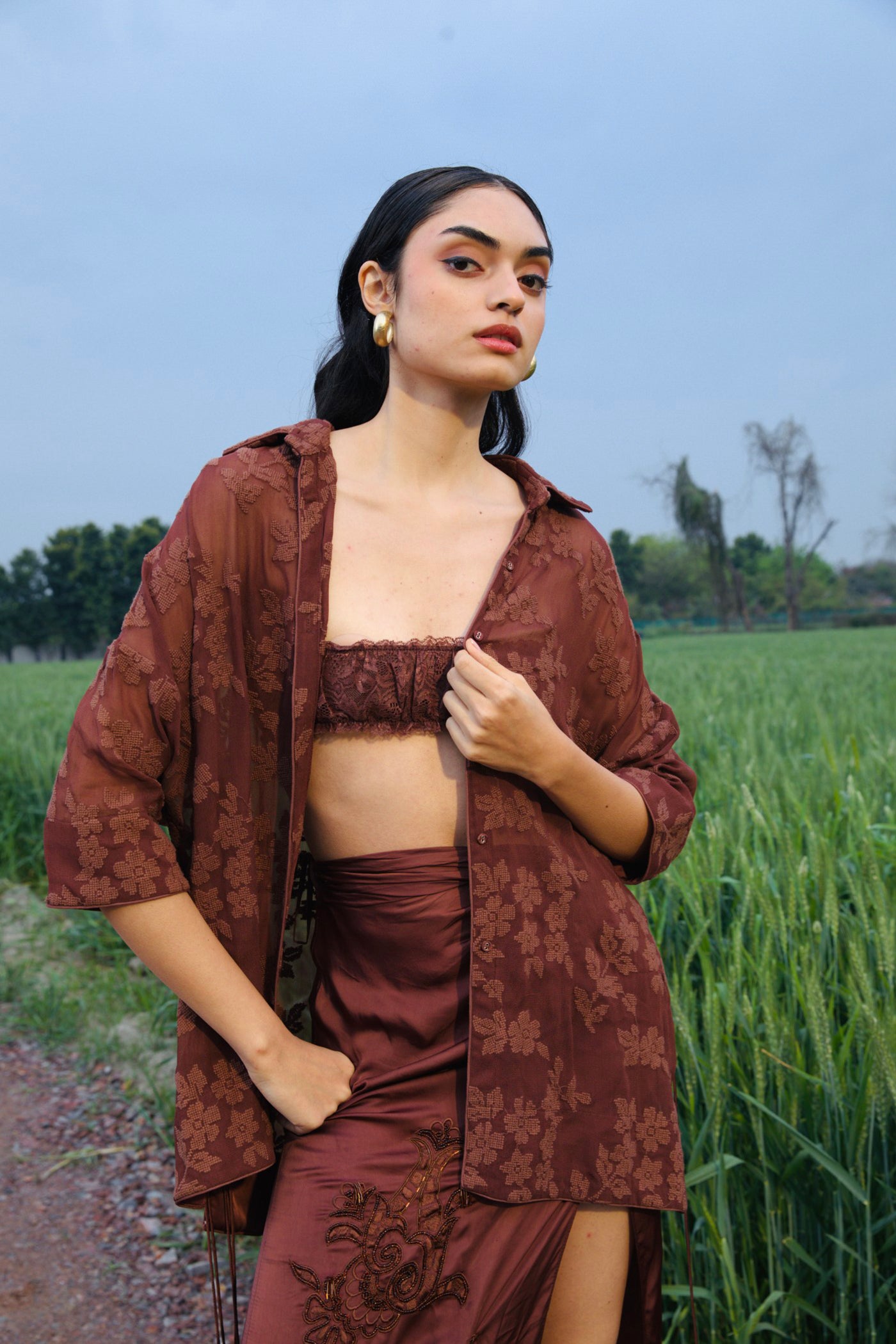 CRUNK MOCHA EMBELLISHED CO-ORD (SHIRT WITH DRAPE SKIRT)