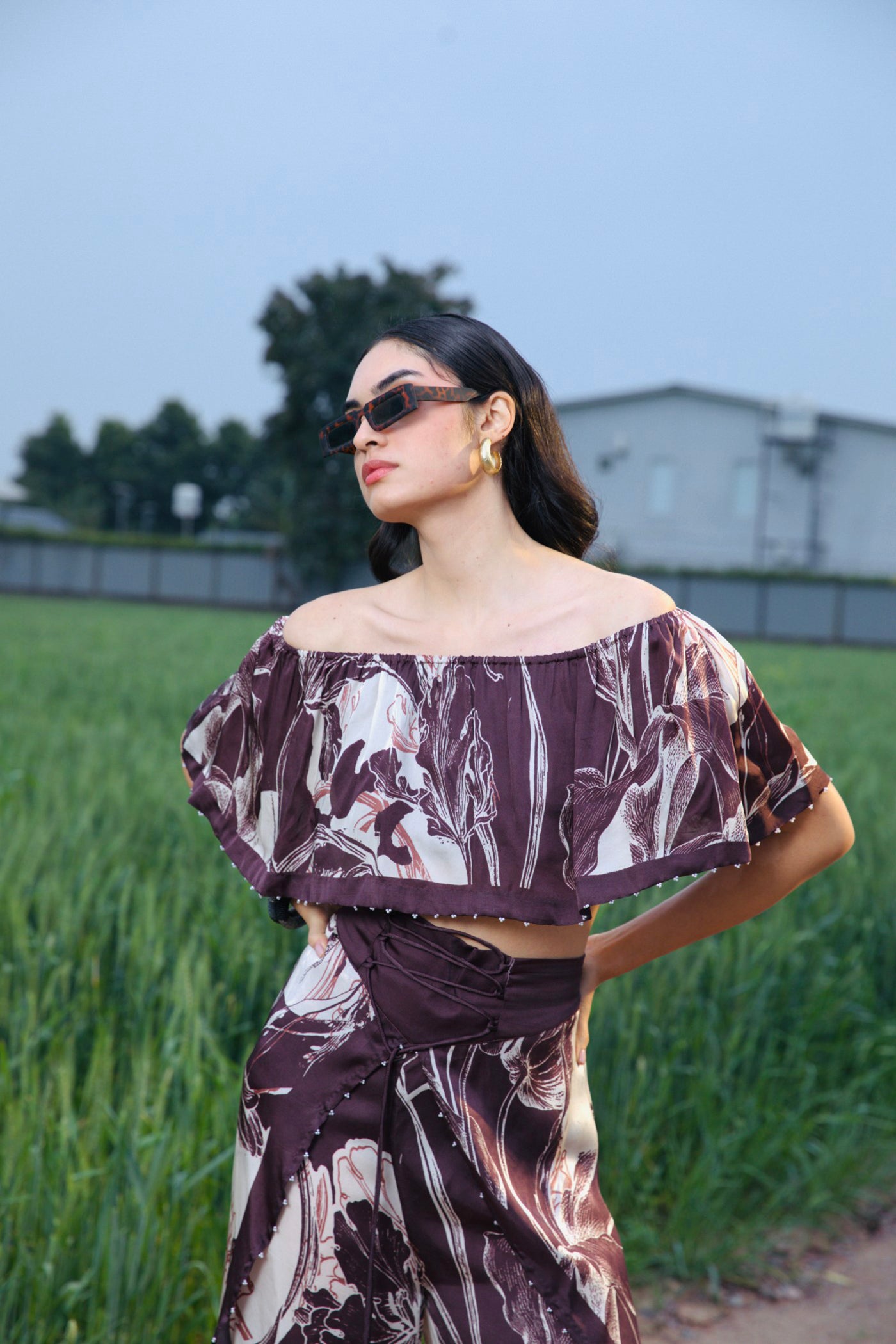 CRUNK BROWN ABSTRACT PRINTED OFF SHOULDER TOP