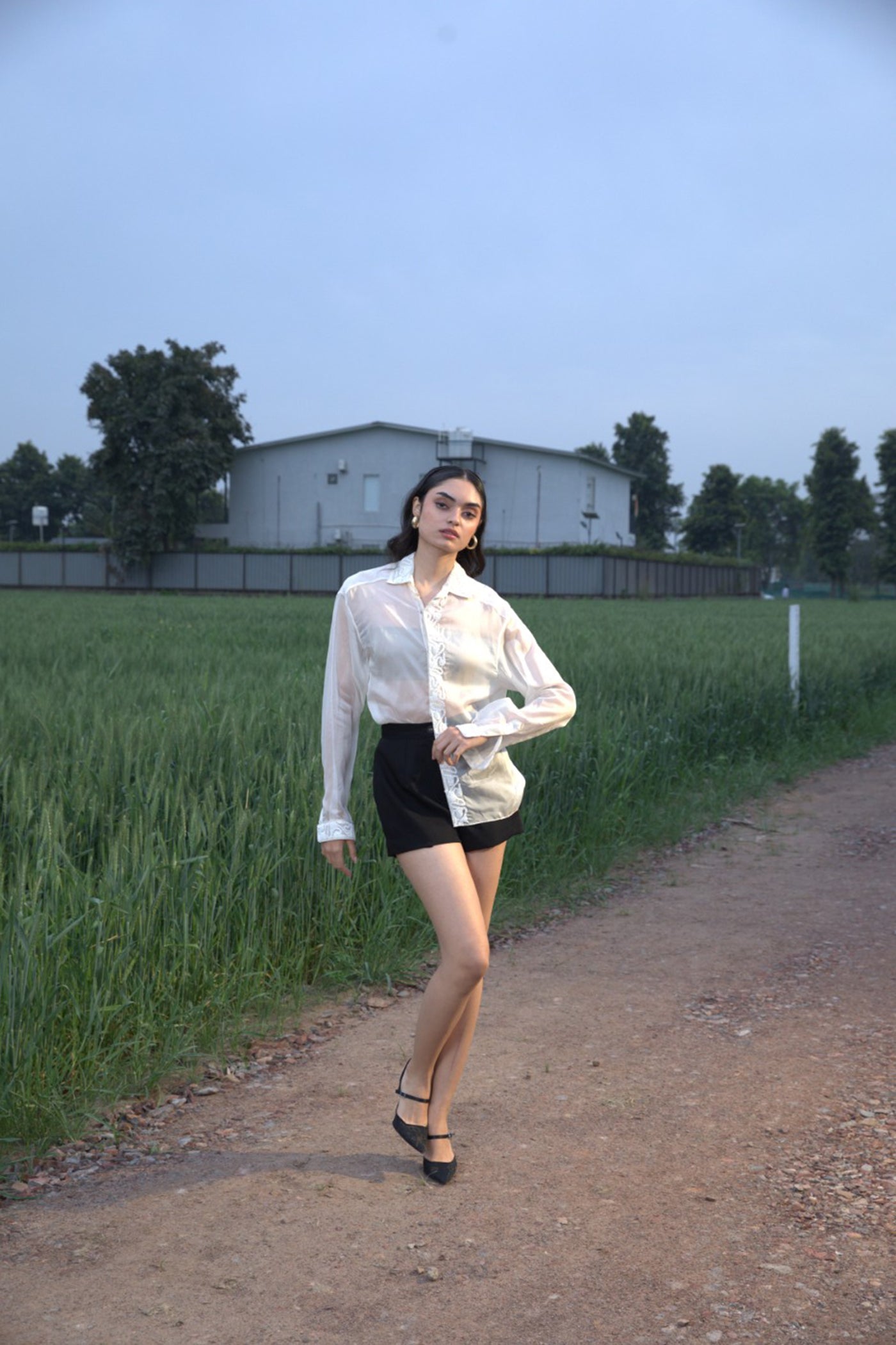 CRUNK OFF WHITE SHEER EMBELLISHED SHIRT