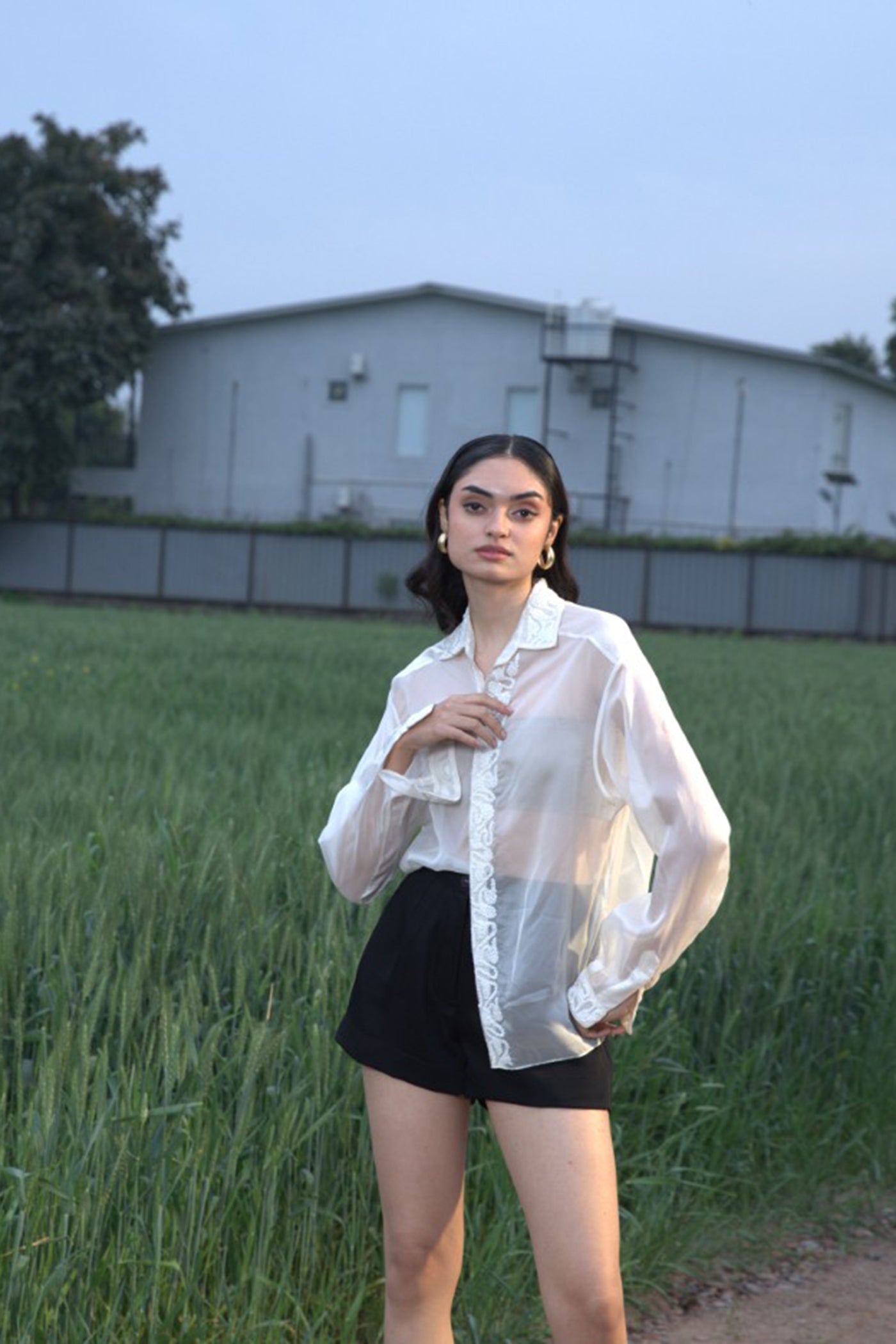 CRUNK OFF WHITE SHEER EMBELLISHED SHIRT