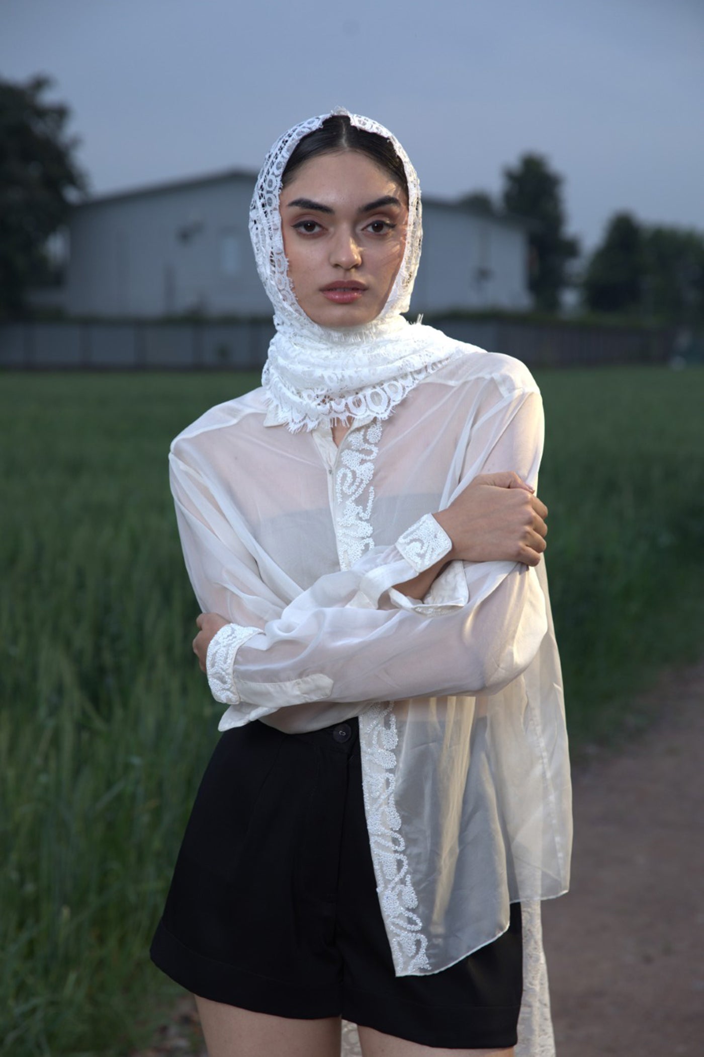 CRUNK OFF WHITE SHEER EMBELLISHED SHIRT