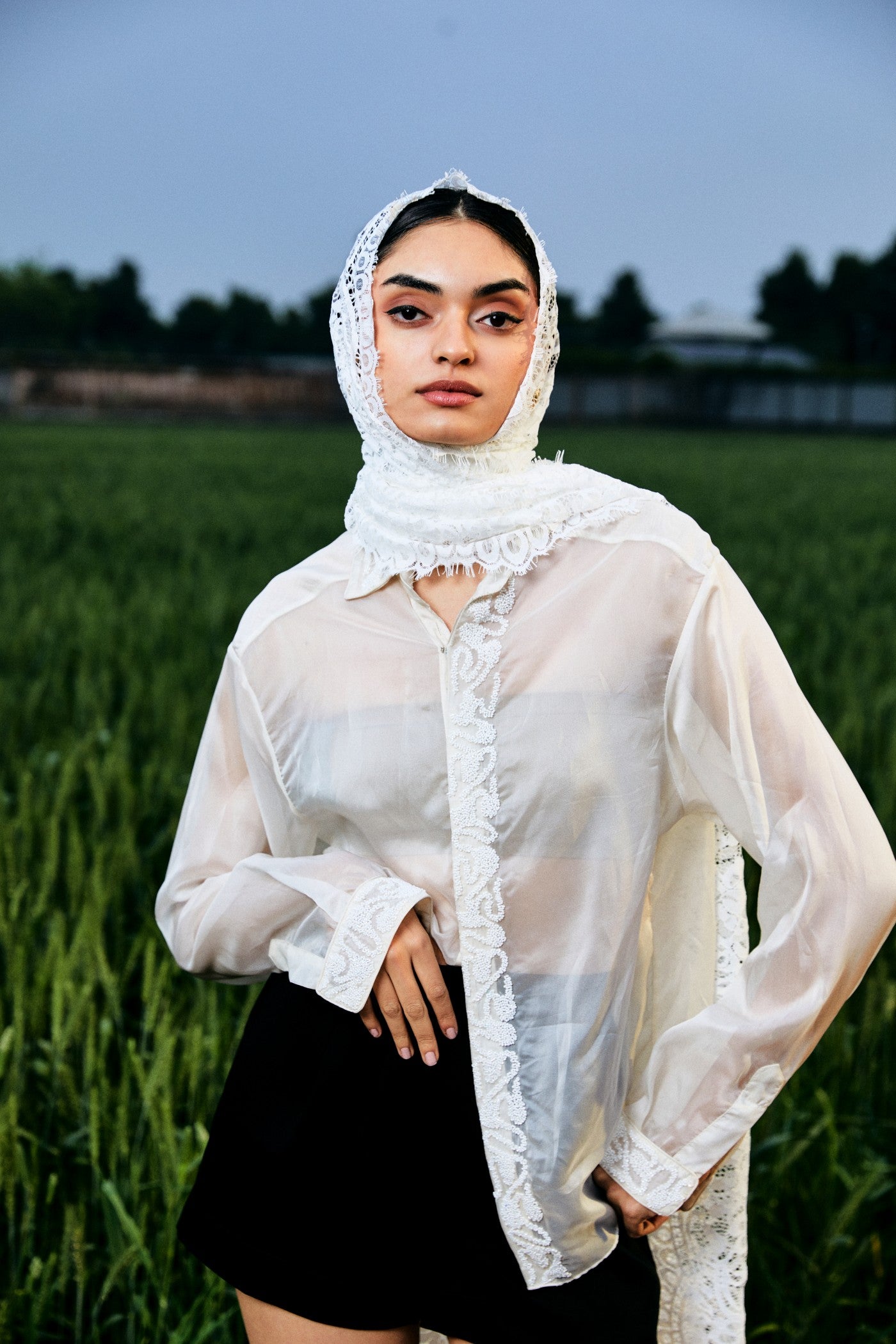 CRUNK OFF WHITE SHEER EMBELLISHED SHIRT