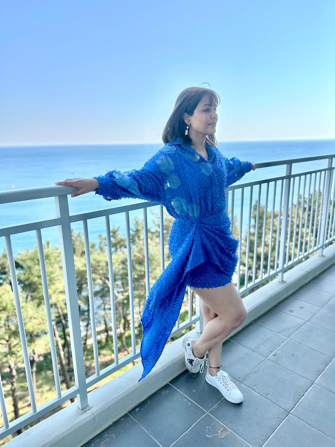 HINA KHAN X CRUNK BLUE FLOWER EMBROIDERED MINI DRESS