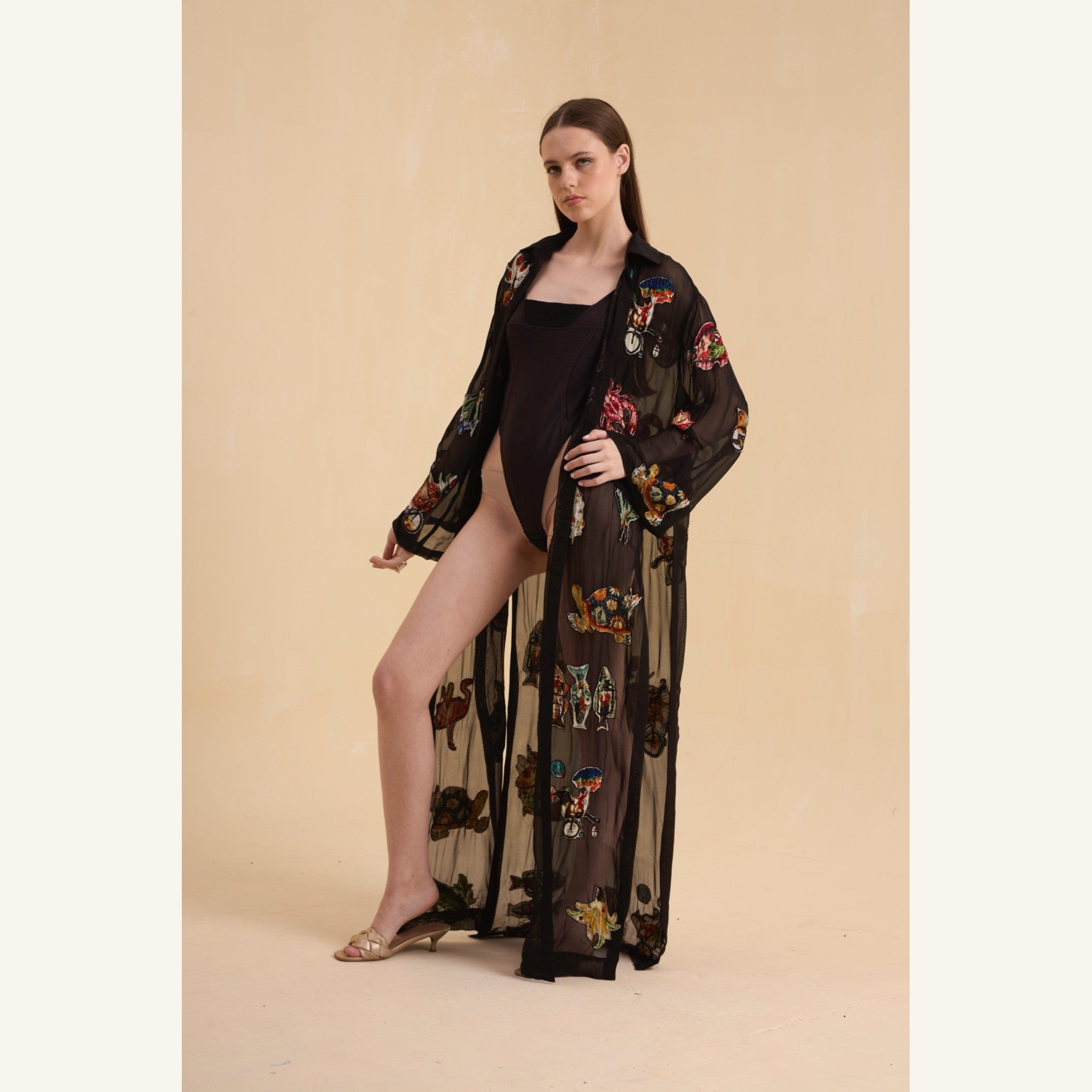 RIV BLACK PATCH ADORNED LONG JACKET