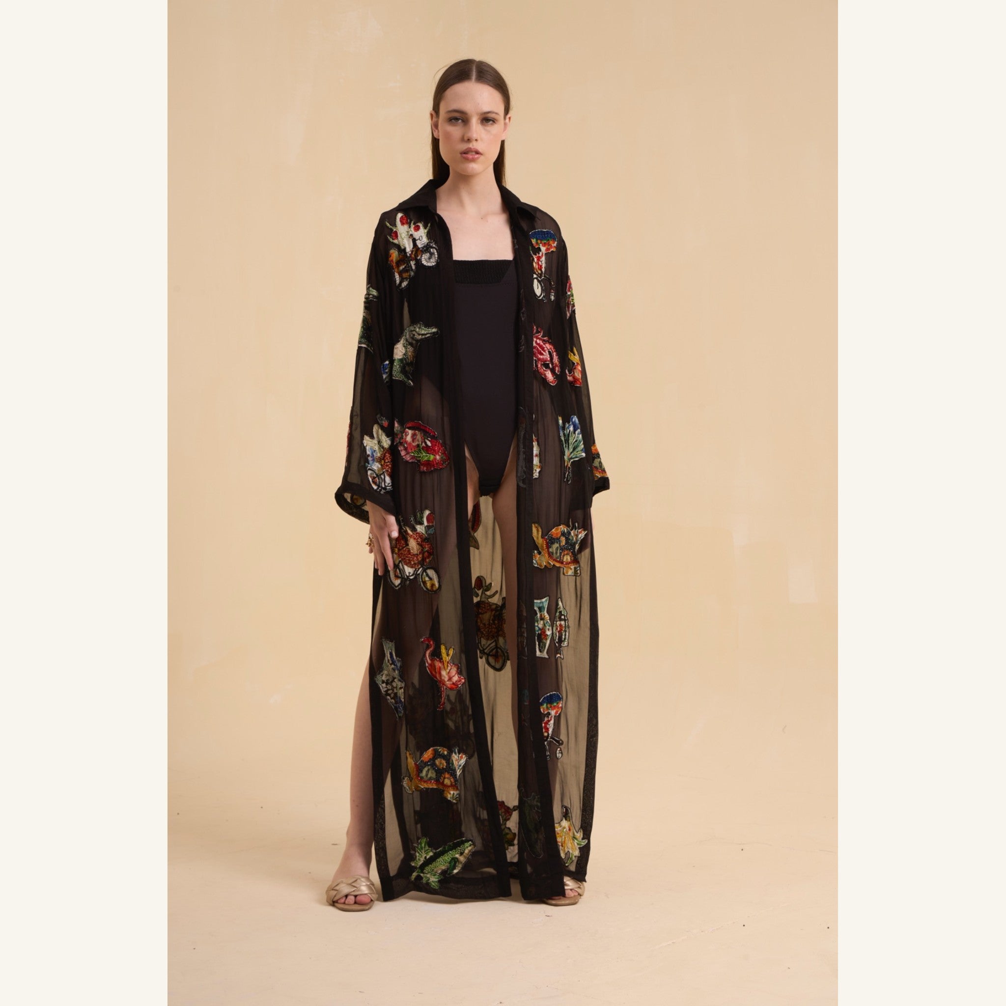 RIV BLACK PATCH ADORNED LONG JACKET