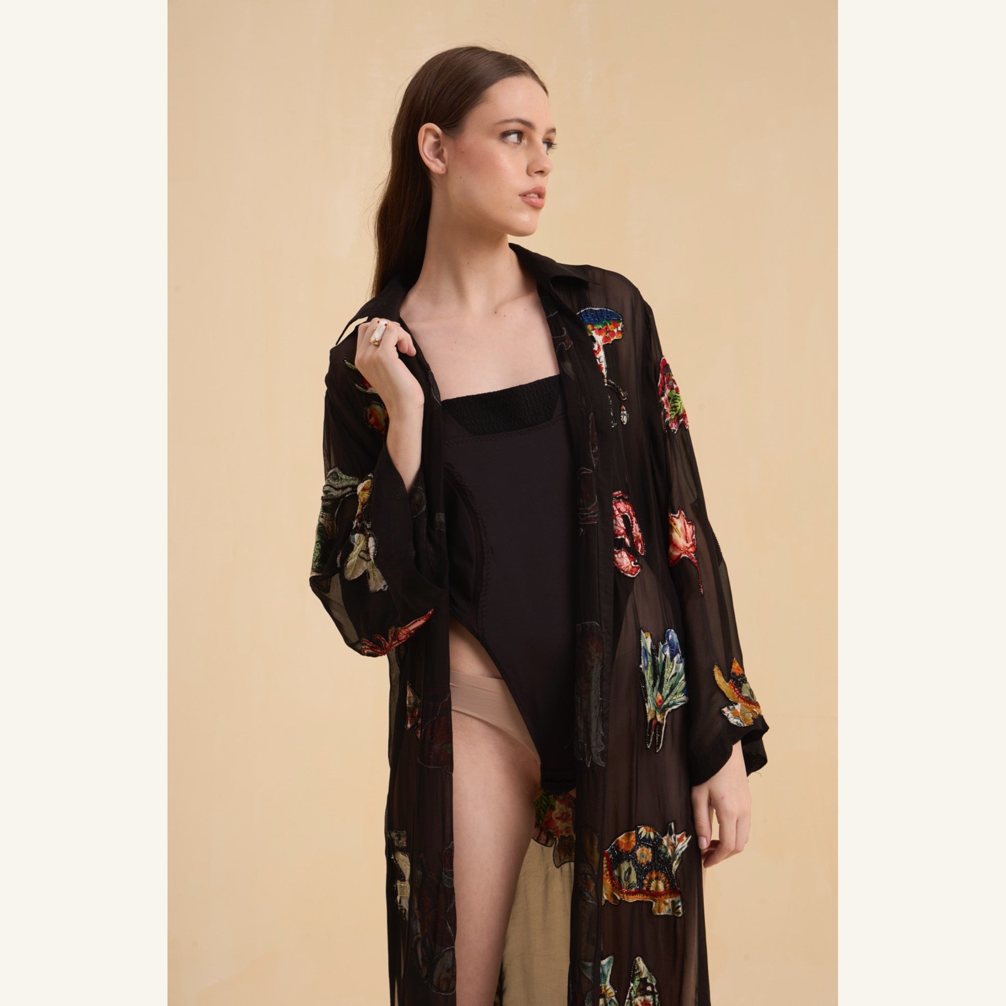 RIV BLACK PATCH ADORNED LONG JACKET