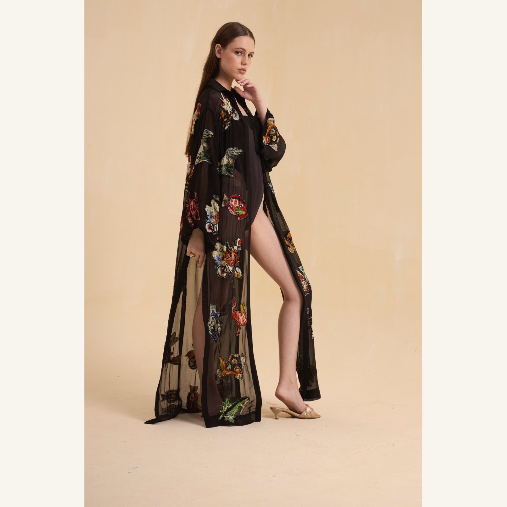 RIV BLACK PATCH ADORNED LONG JACKET