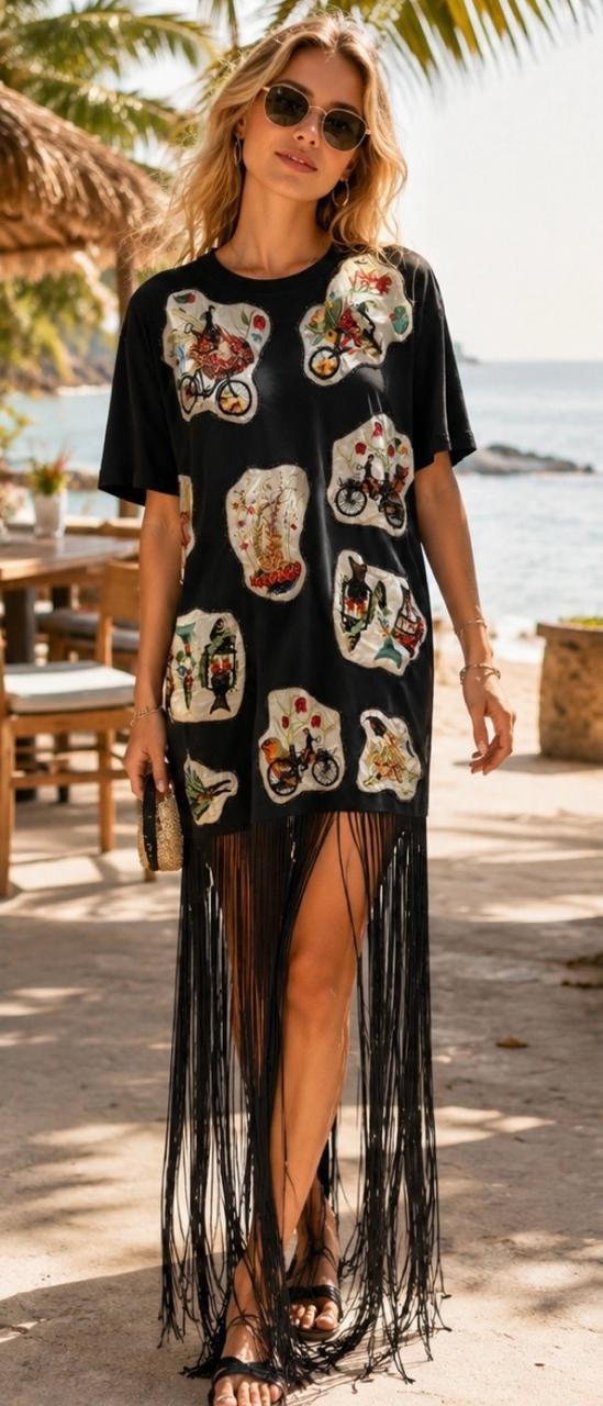 RIV BLACK FRINGE & PATCH ADORNED TEE